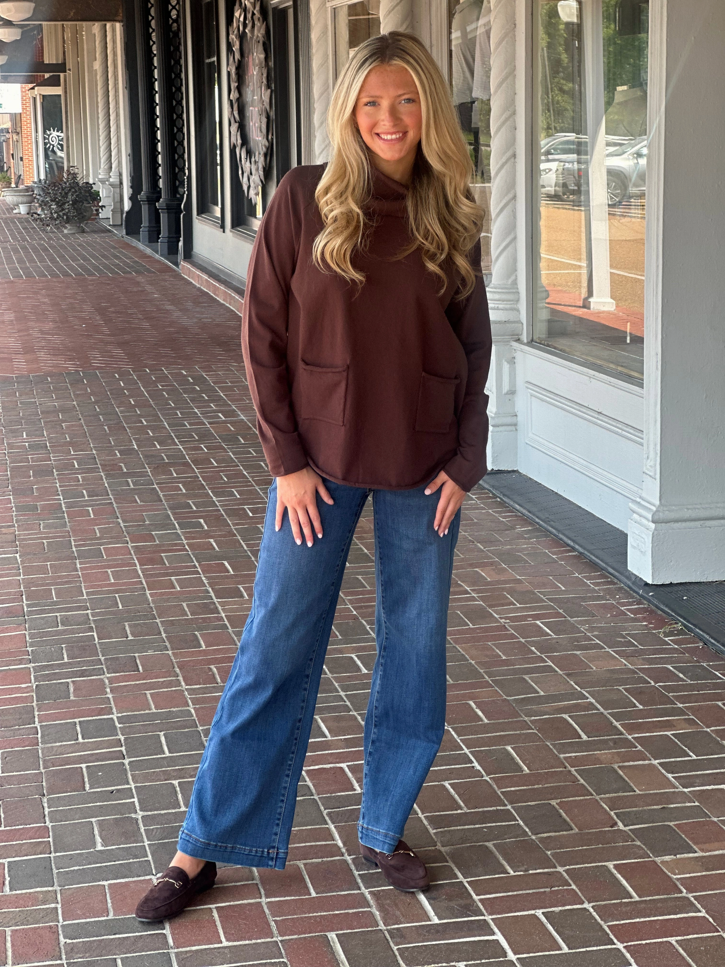 Built In Filter Layer V-neck Shirt French Dressing Cowl Neck Sweater in Brown