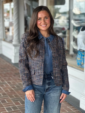 French Dressing Tweed Collarless Jacket in Multi sporty wear OversizedSilhouette