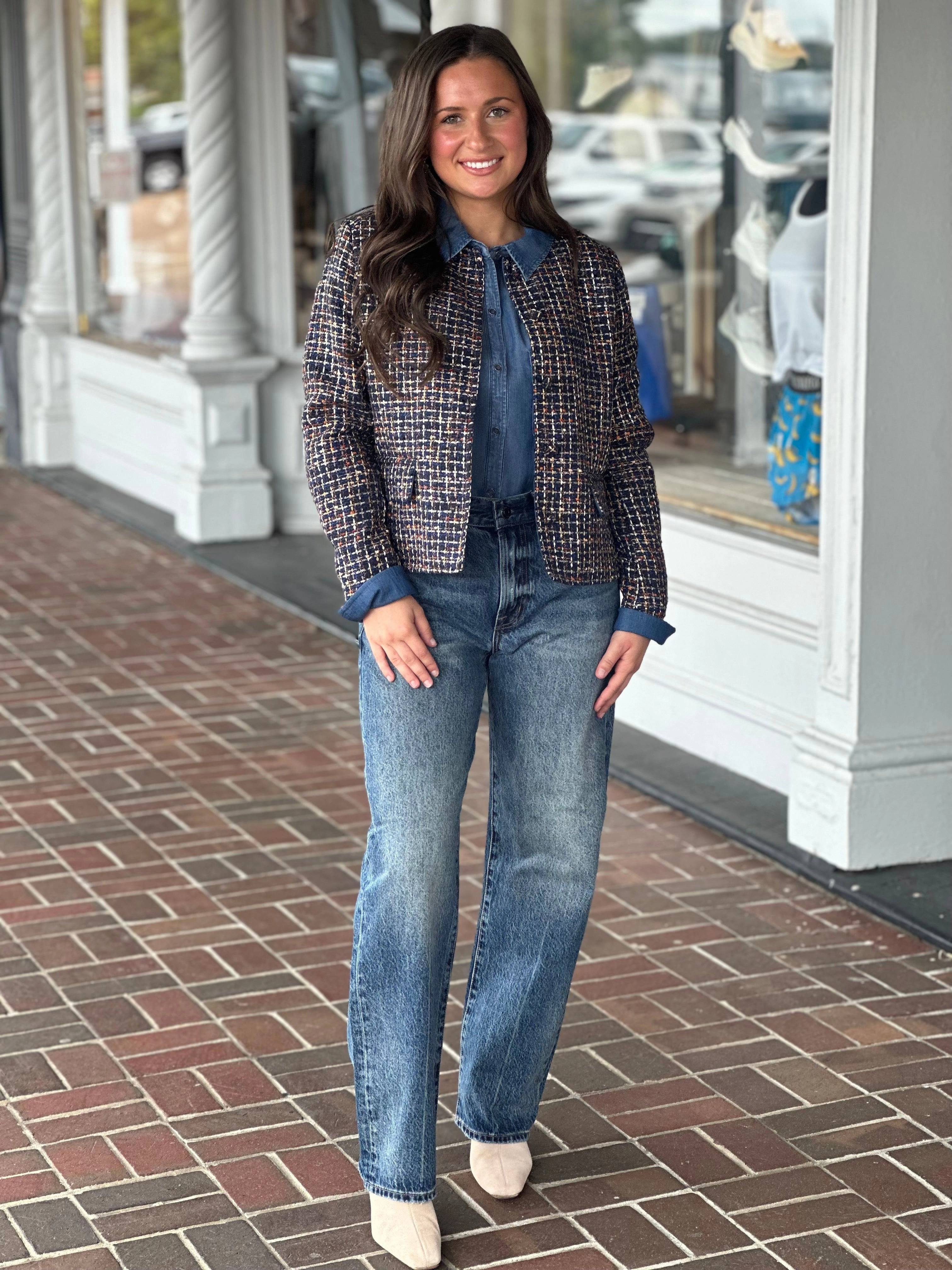 Convertible Sleeve Adaptation French Dressing Tweed Collarless Jacket in Multi