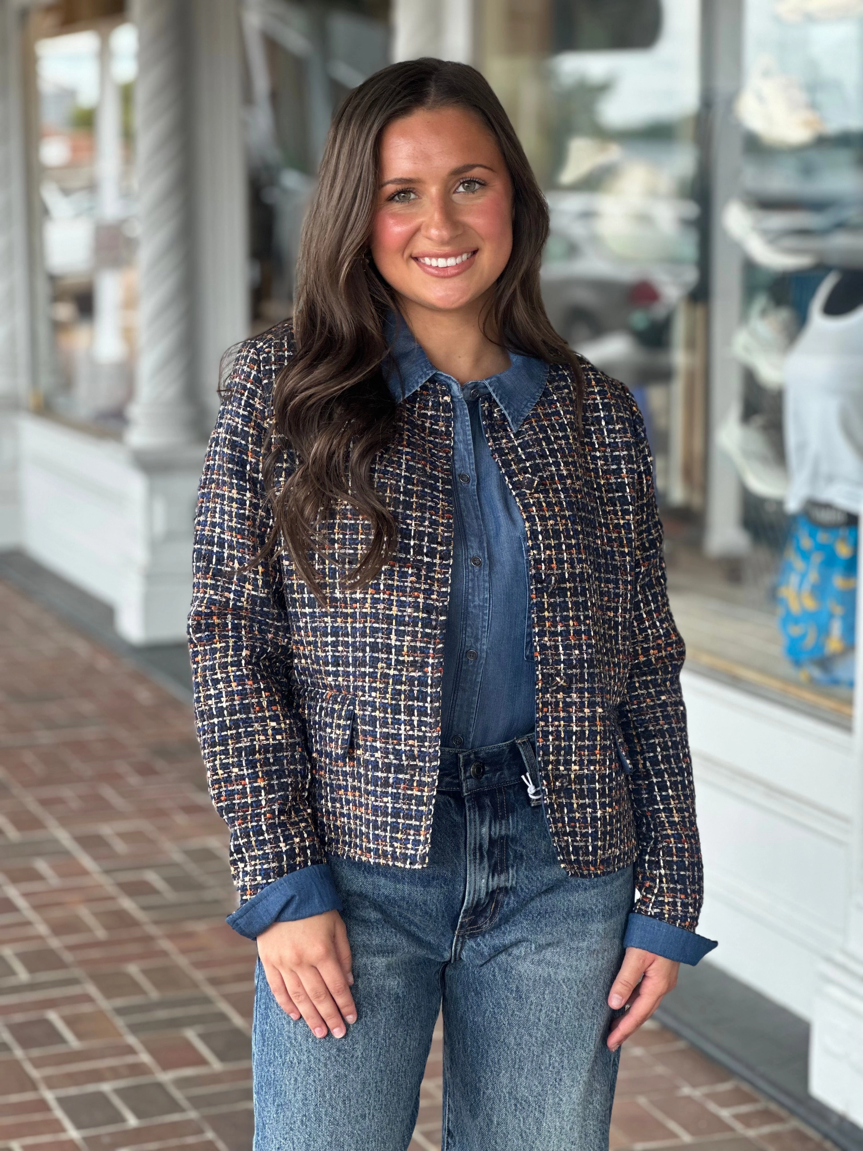 French Dressing Tweed Collarless Jacket in Multi sporty wear OversizedSilhouette