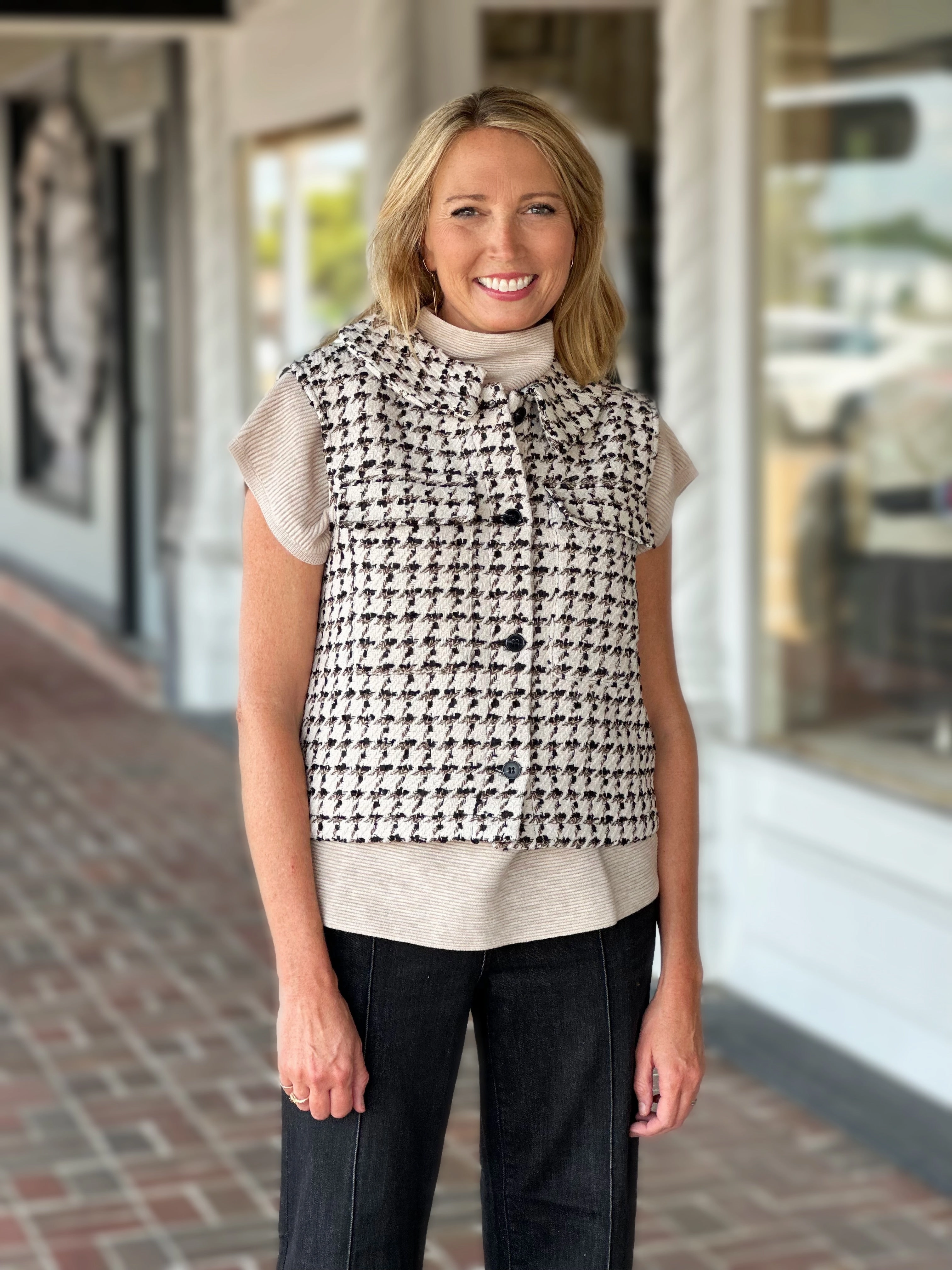 French Dressing Tweed Vest in Ivory/Black FoldableFeature Biodegradable Fiber Blend