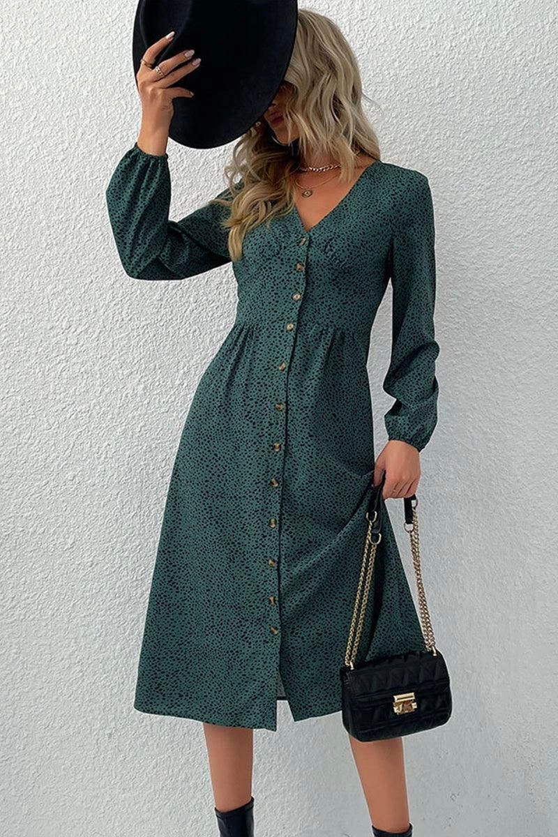 Scalloped-Edge Comfortable Fashion LONG SLEEVE BUTTON DOWN SHIRT DRESS