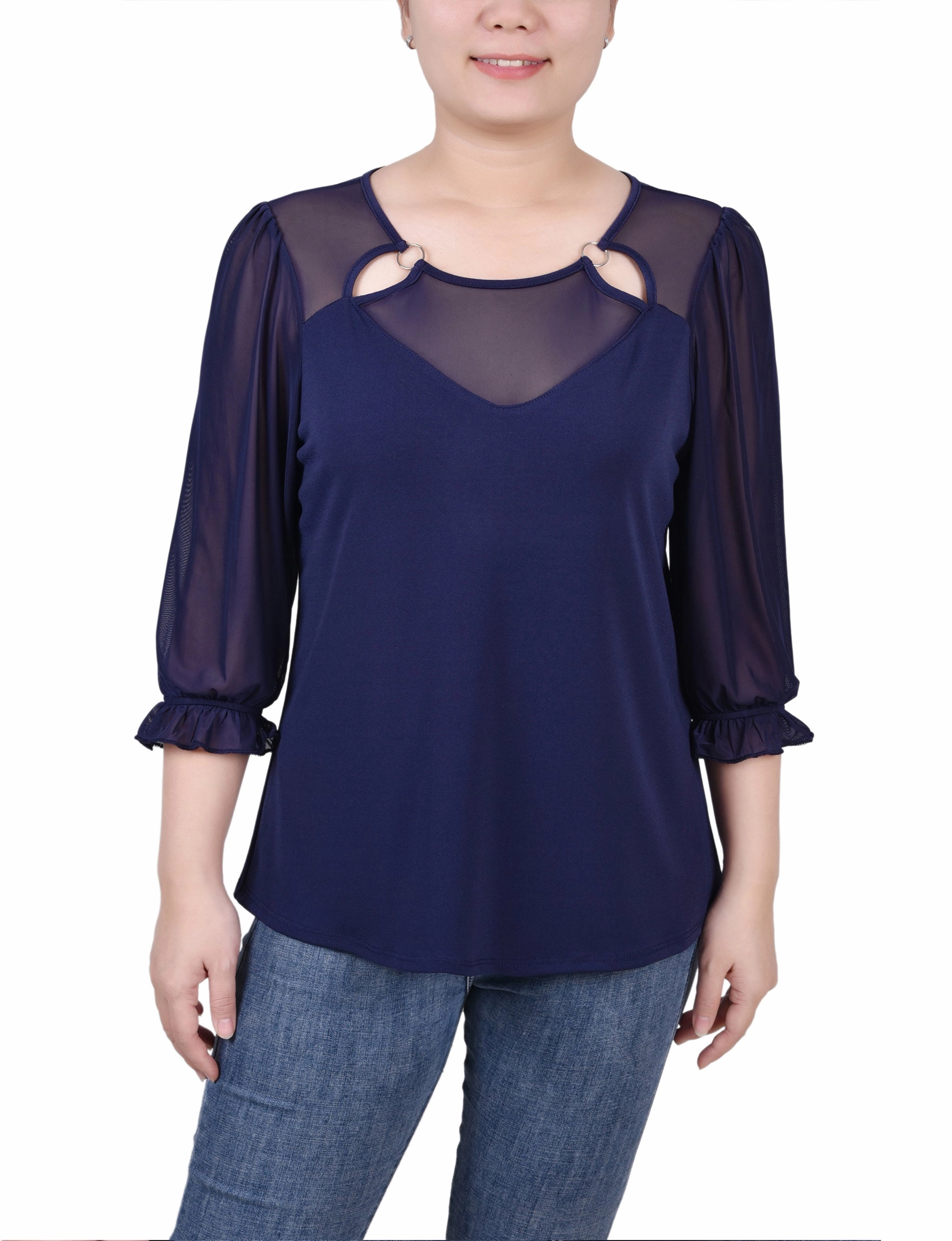 Petite 3/4 Sleeve Ringed Top With Mesh Anti Pilling Fabric Temperature Regulating Fibers