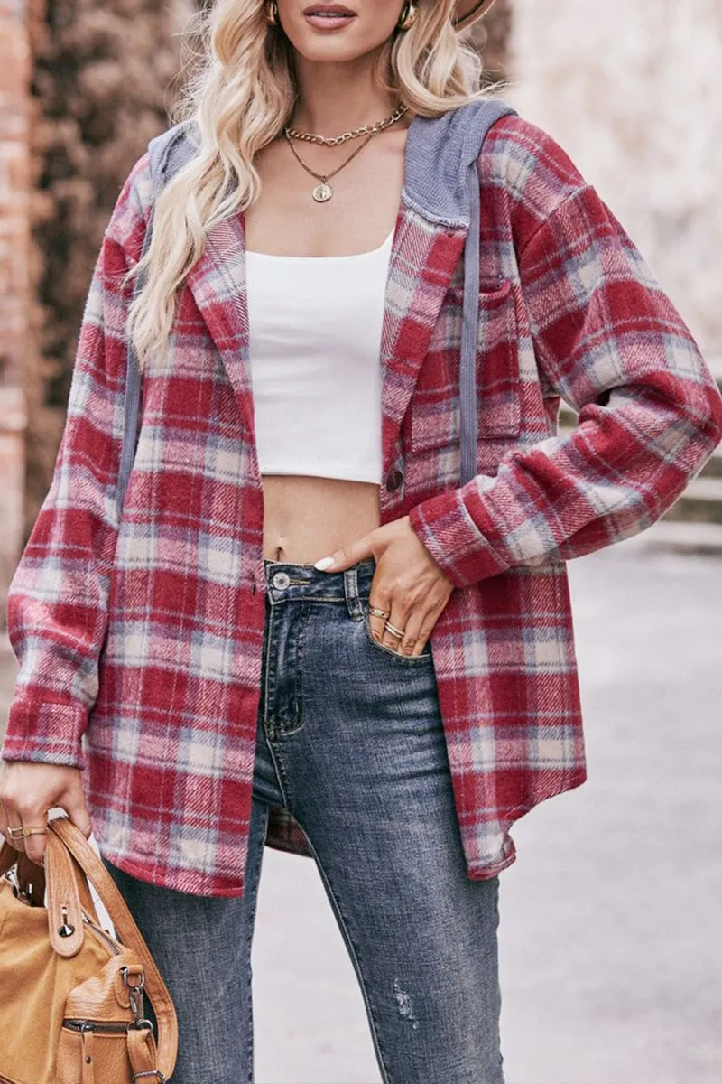 WOMEN FLANNEL PLAID HOODIE SHACKET MeshPanelIntegration