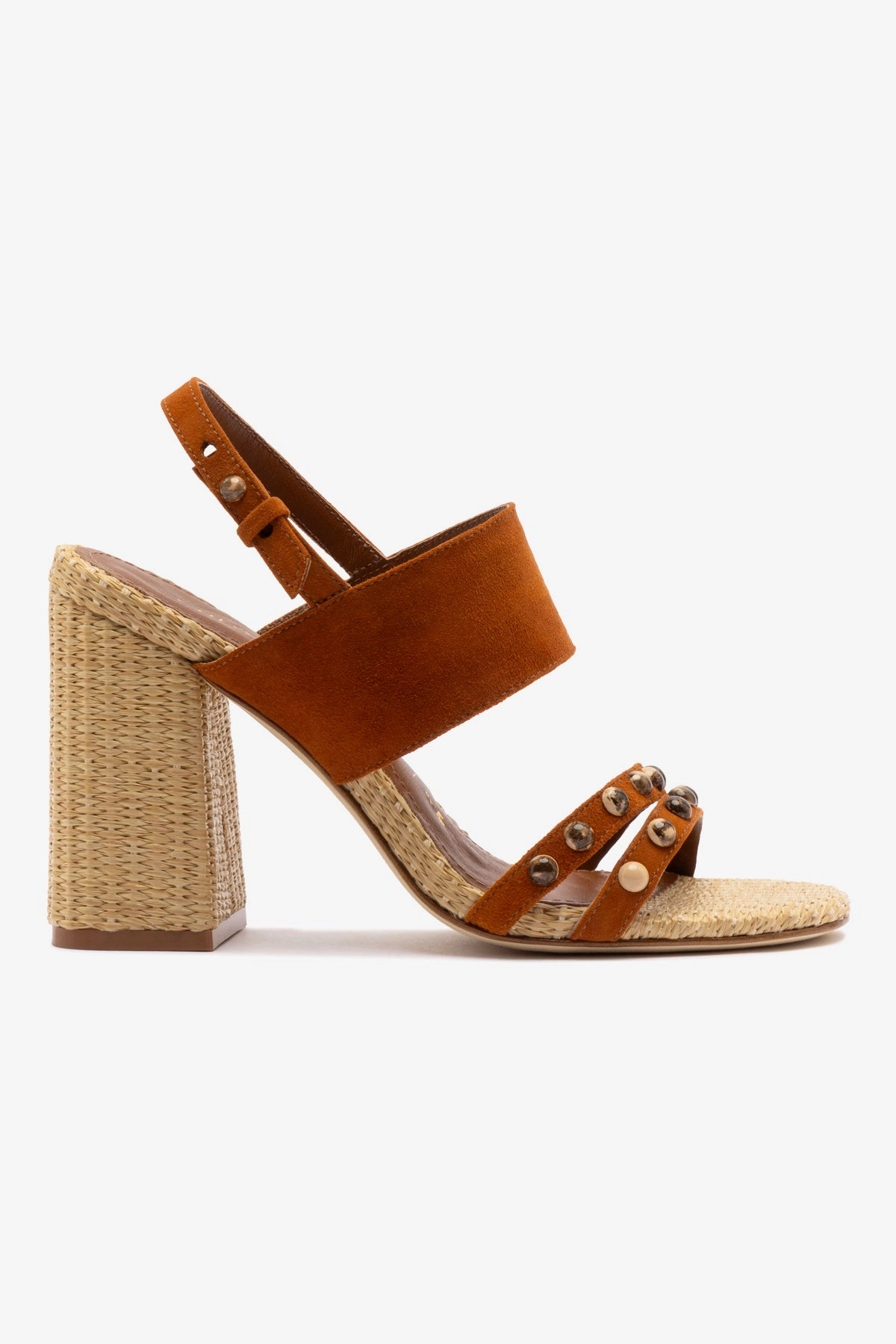 Chloe Gosselin by Larroud Margot Sandal In Chestnut Suede and Natural Raffia Cushioned Insole Technology Comfort Grip