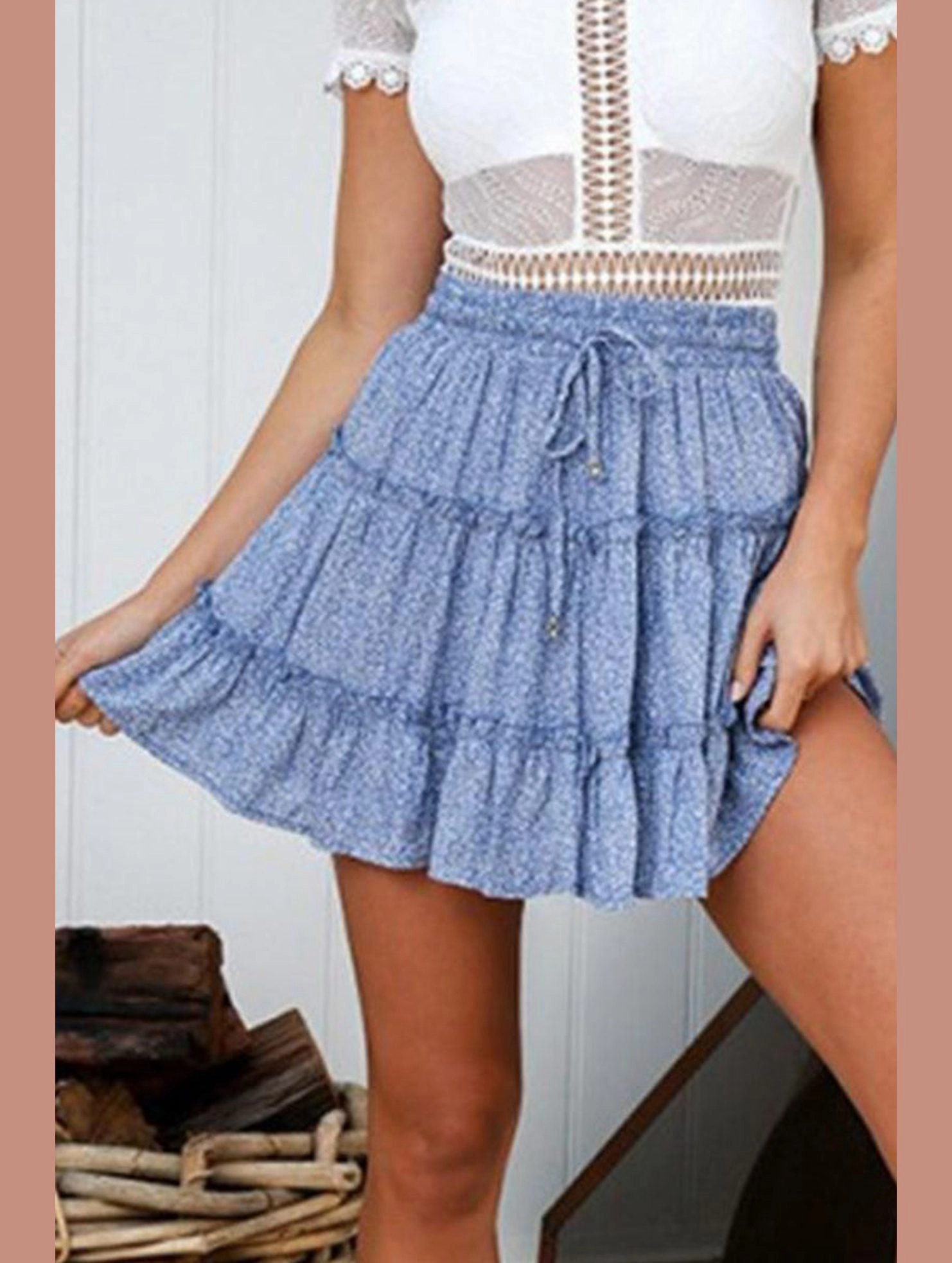 WOMEN HIGH WAISTED RUFFLED FLORAL A LINE SKIRT Active Stretch Functional Layers