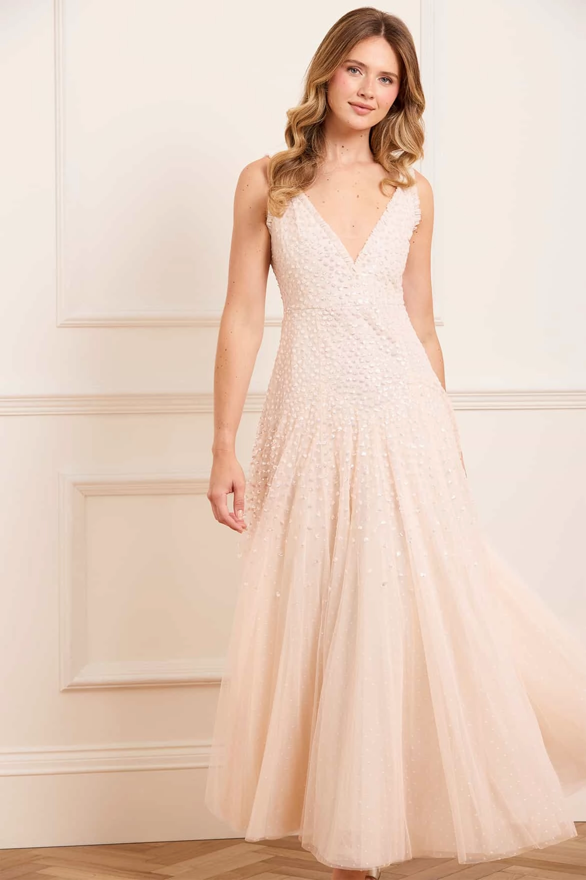 Smooth Design Sequin Cascade Cami Plunge Gown