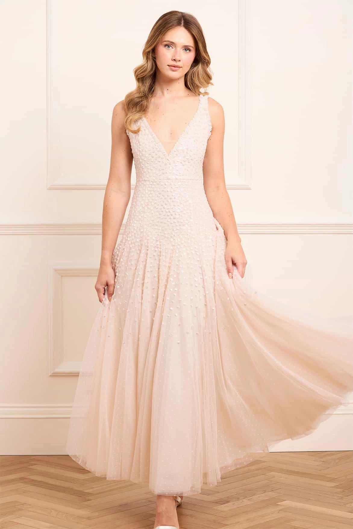 Sequin Cascade Cami Plunge Gown Soft color