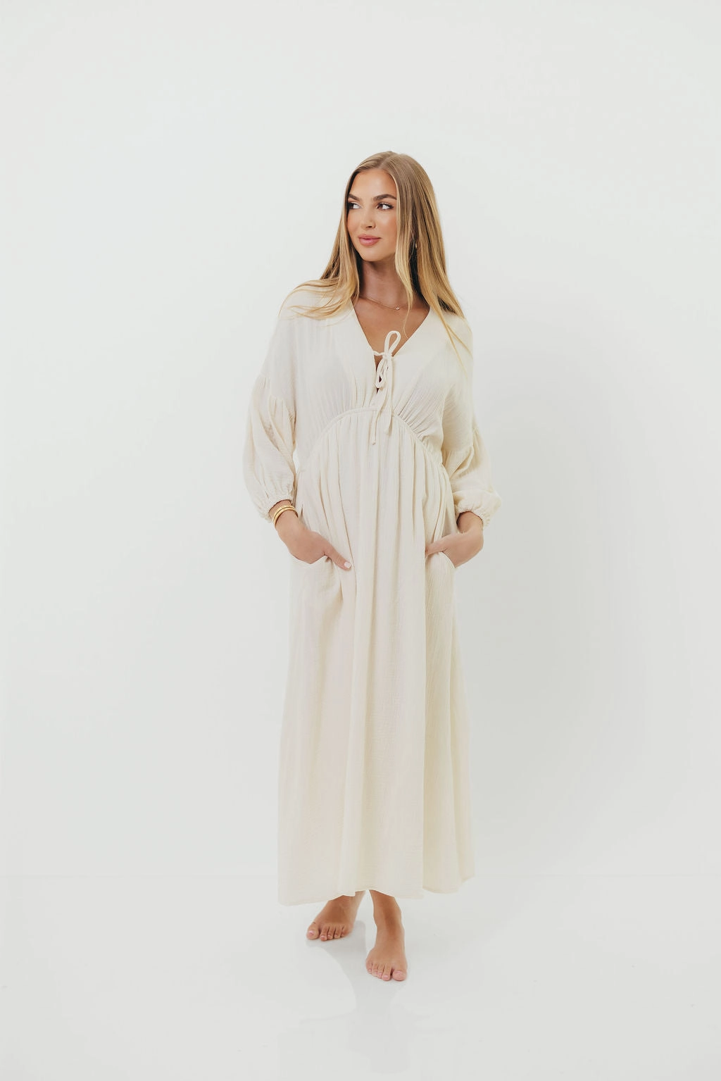 Tailored Mood Flexible Fit Hunter 100% Cotton Gauze Midi Dress in Soy - Bump Friendly *9/22 PRE-ORDER*
