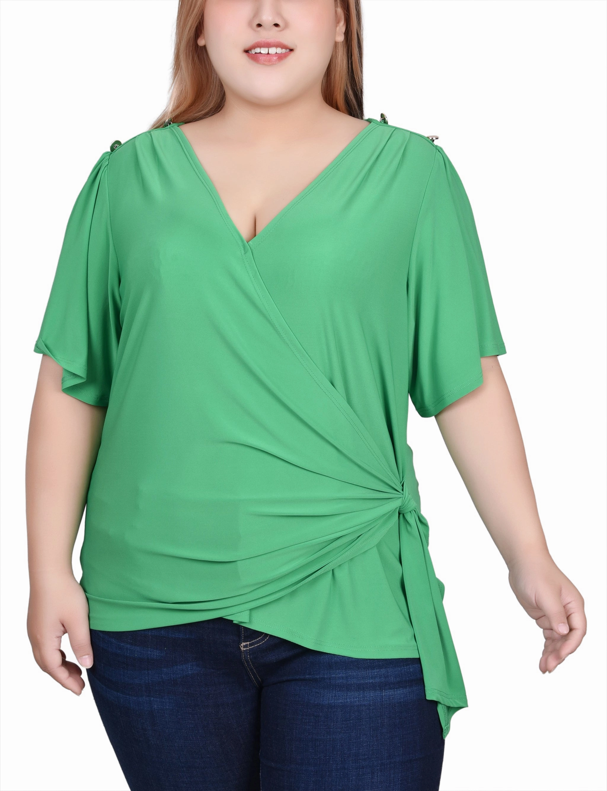 FoamReinforcedCollar Plus Size Short Sleeve Wrap Top