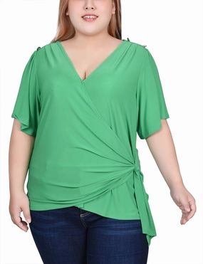 FoamReinforcedCollar Plus Size Short Sleeve Wrap Top