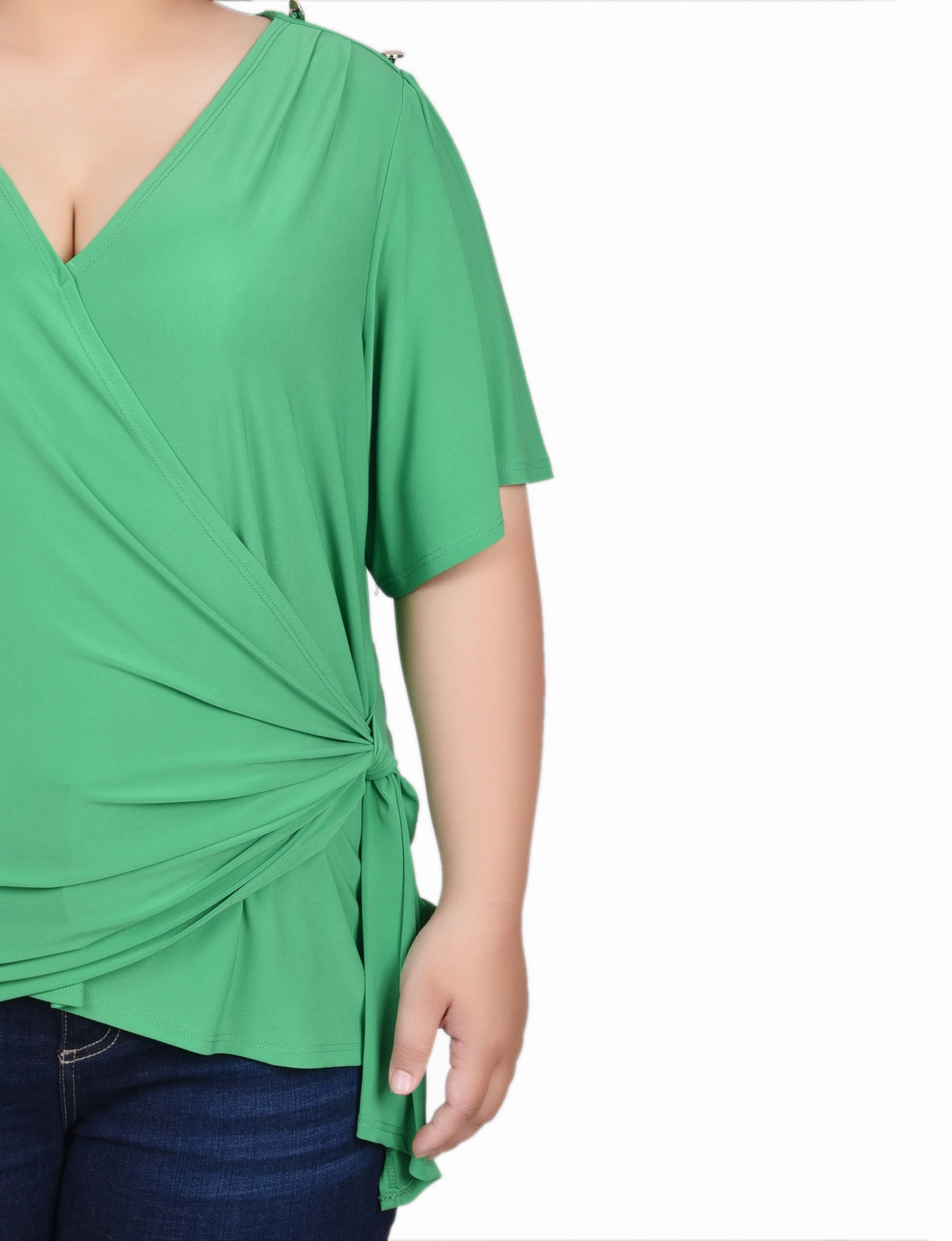Plus Size Short Sleeve Wrap Top Hydrophobic Surface Treatment
