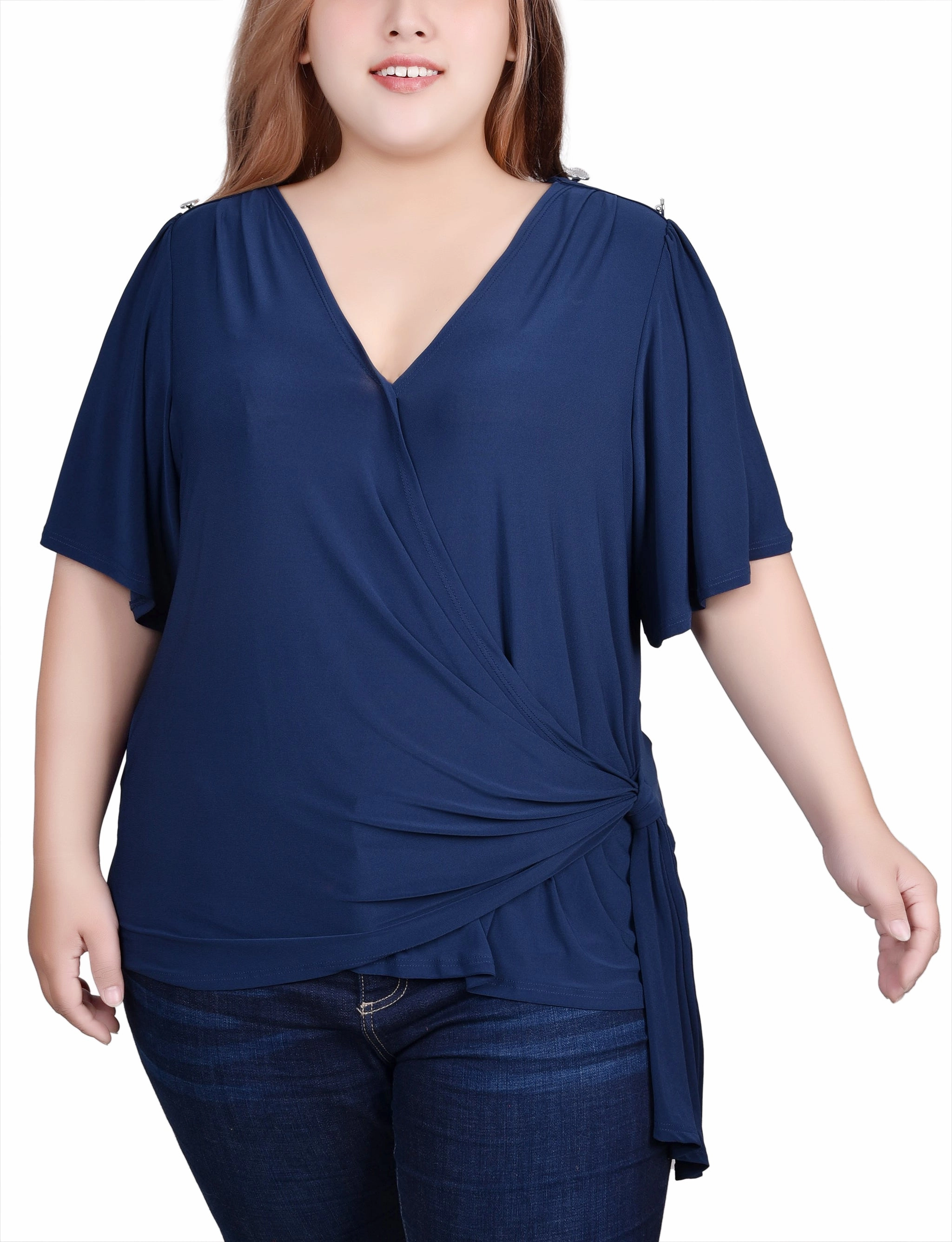 Plus Size Short Sleeve Wrap Top Loose Blouse AbrasionResistantEdging