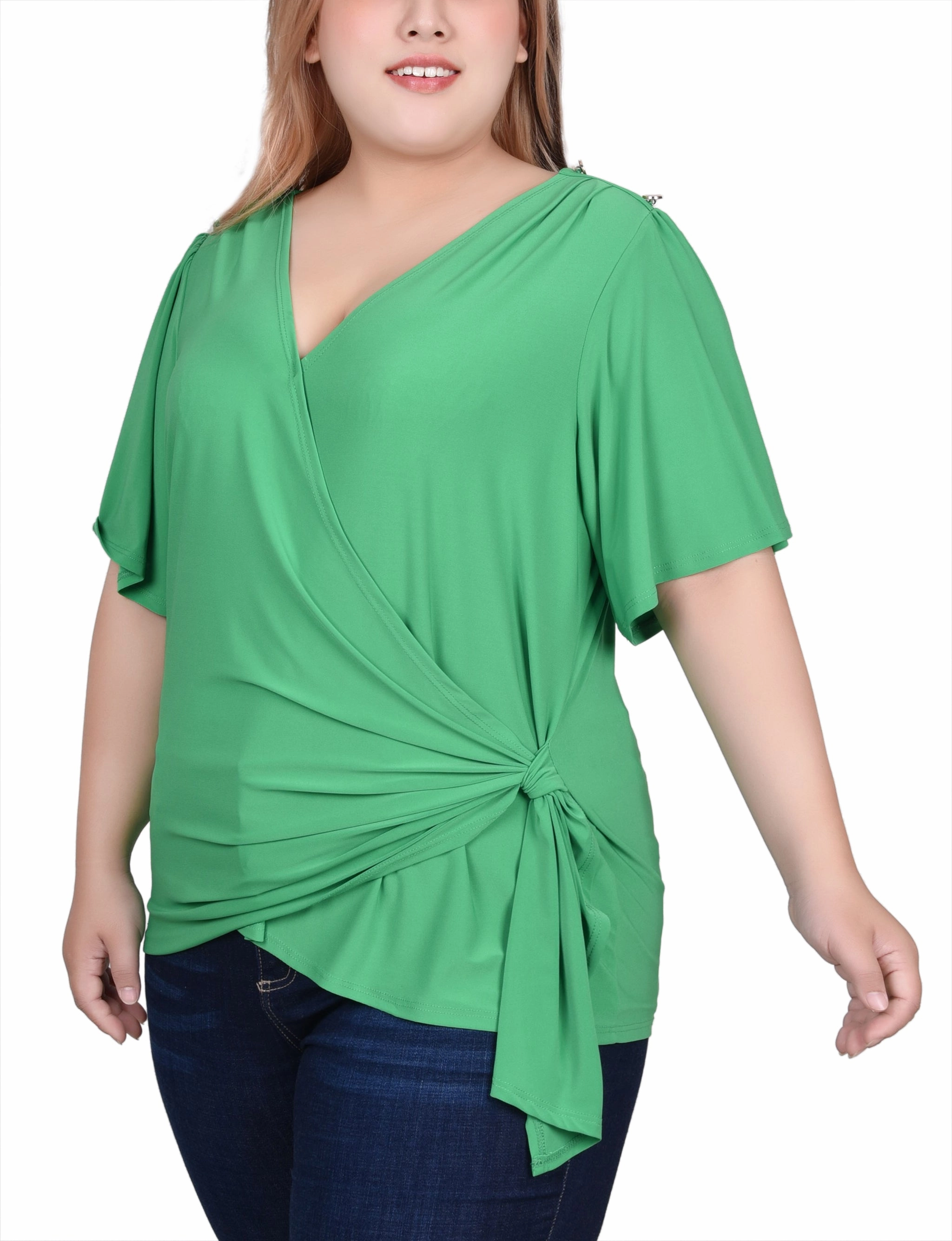 Plus Size Short Sleeve Wrap Top UVProtectionCoating RibbedTrims