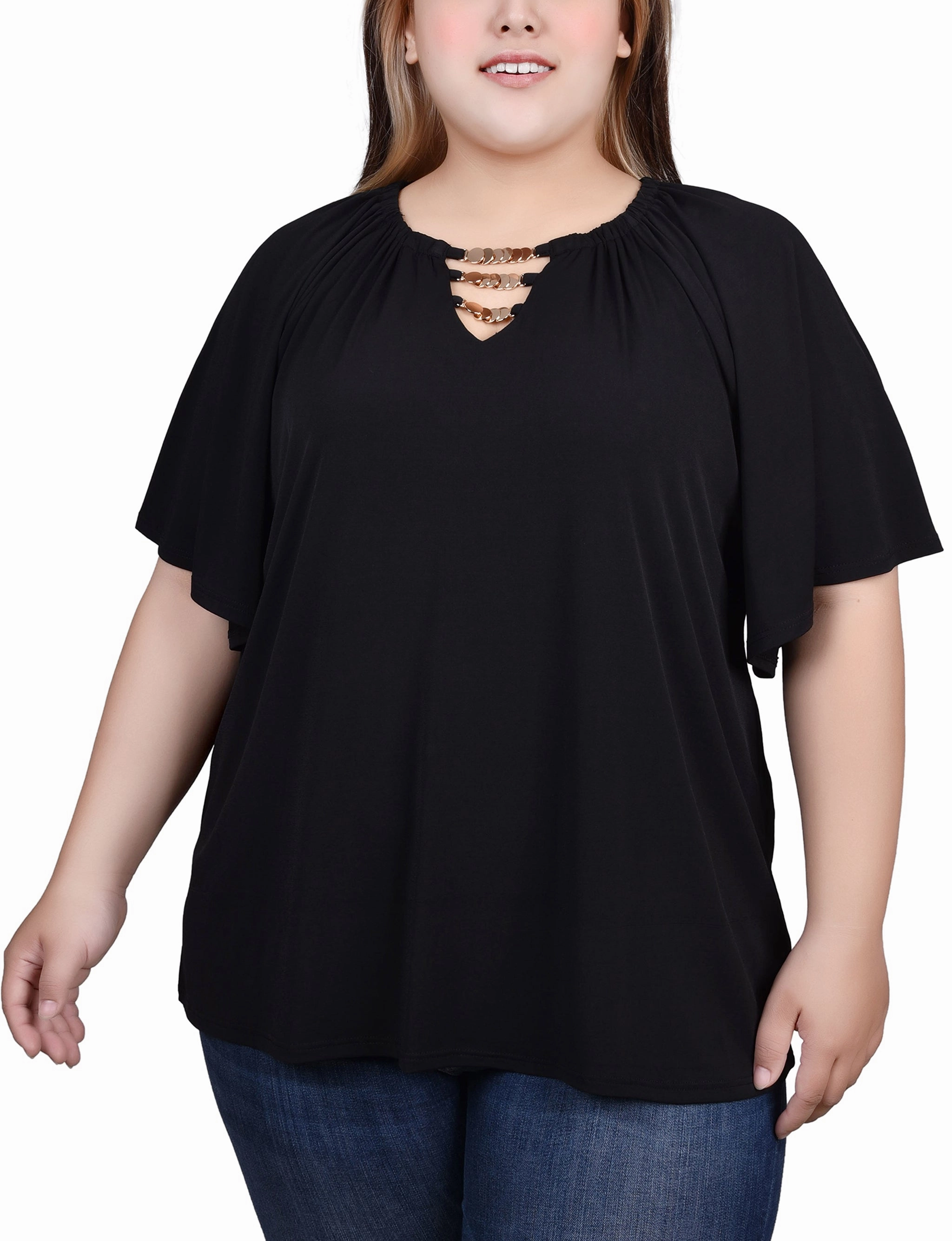 Loose Sweater Plus Size Raglan Sleeve Top With Chain Details