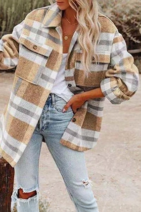WOMEN OVERSIZED PLAID PATTERN LONG SHACKET CrewNeck LightweightDesign