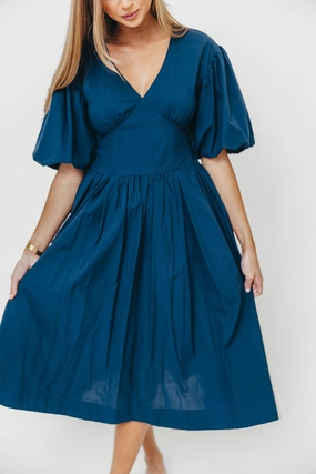 Gathered Skirt Chic and Cozy Wear Gayle Midi Dress in Dark Navy