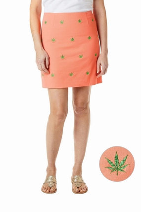 Eco Friendly Fabric Ali Skirt Stretch Twill Coral with Pot Leaf