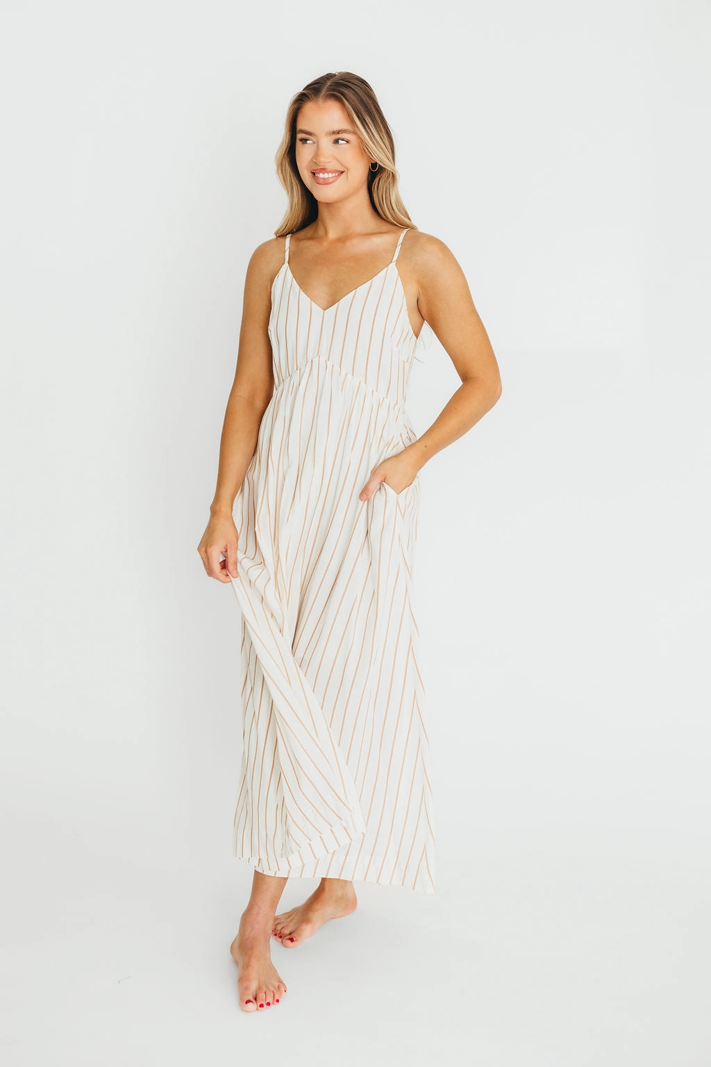 Genesis Stripe Midi Dress in White/Taupe *Final-Sale* Cozy Wearable