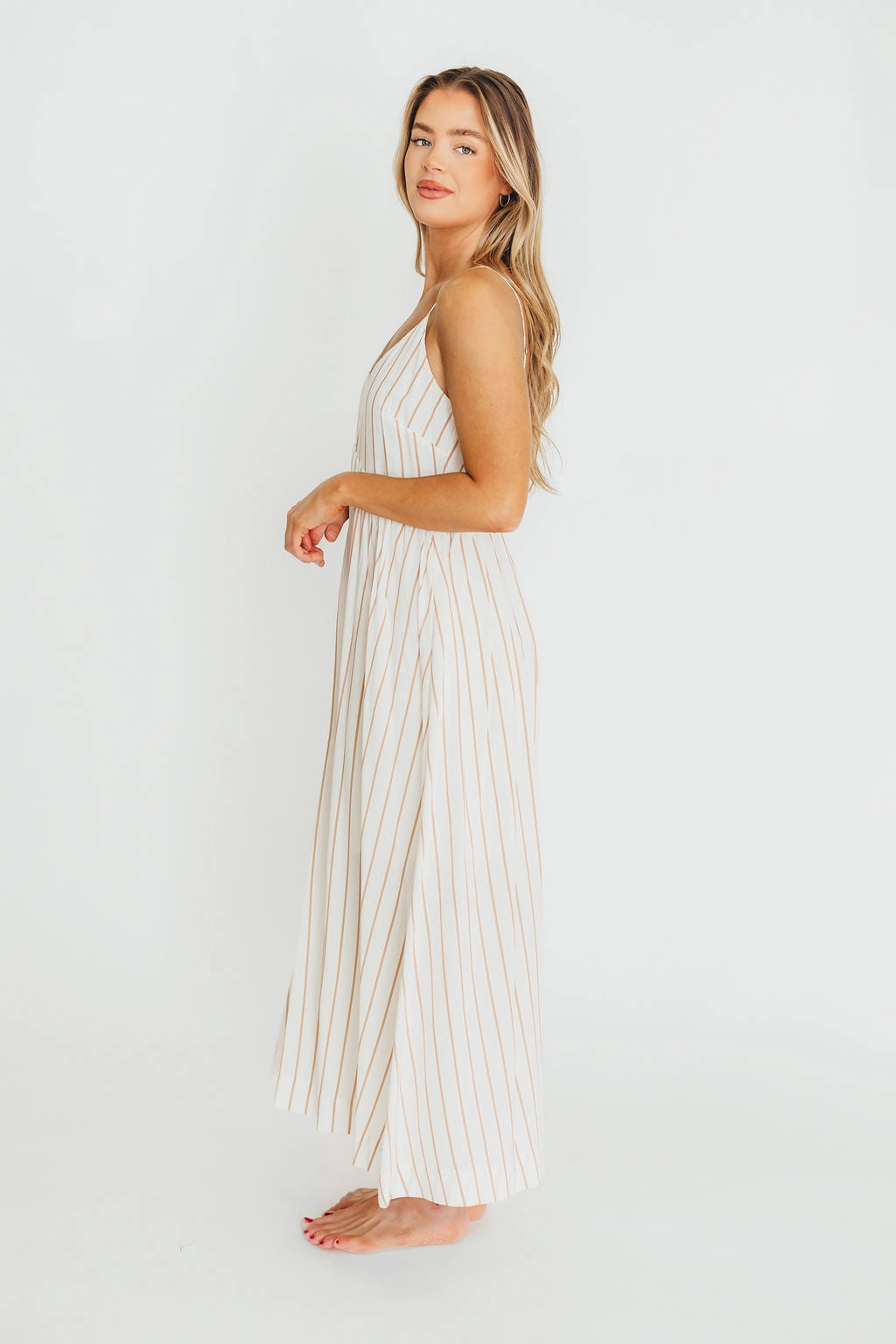Genesis Stripe Midi Dress in White/Taupe *Final-Sale* Edgy Look Cool Elegance