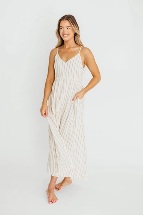 Genesis Stripe Midi Dress in White/Taupe *Final-Sale* Cozy Wearable