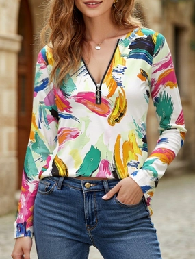 Geometric V-neck zip-up regular top FlexibleRibbing