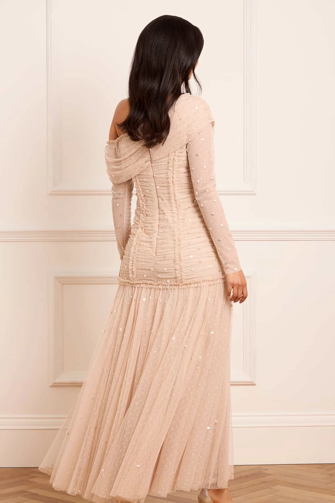 AntiFrayEdging Gigi Dot One-Shoulder Rouched Gown