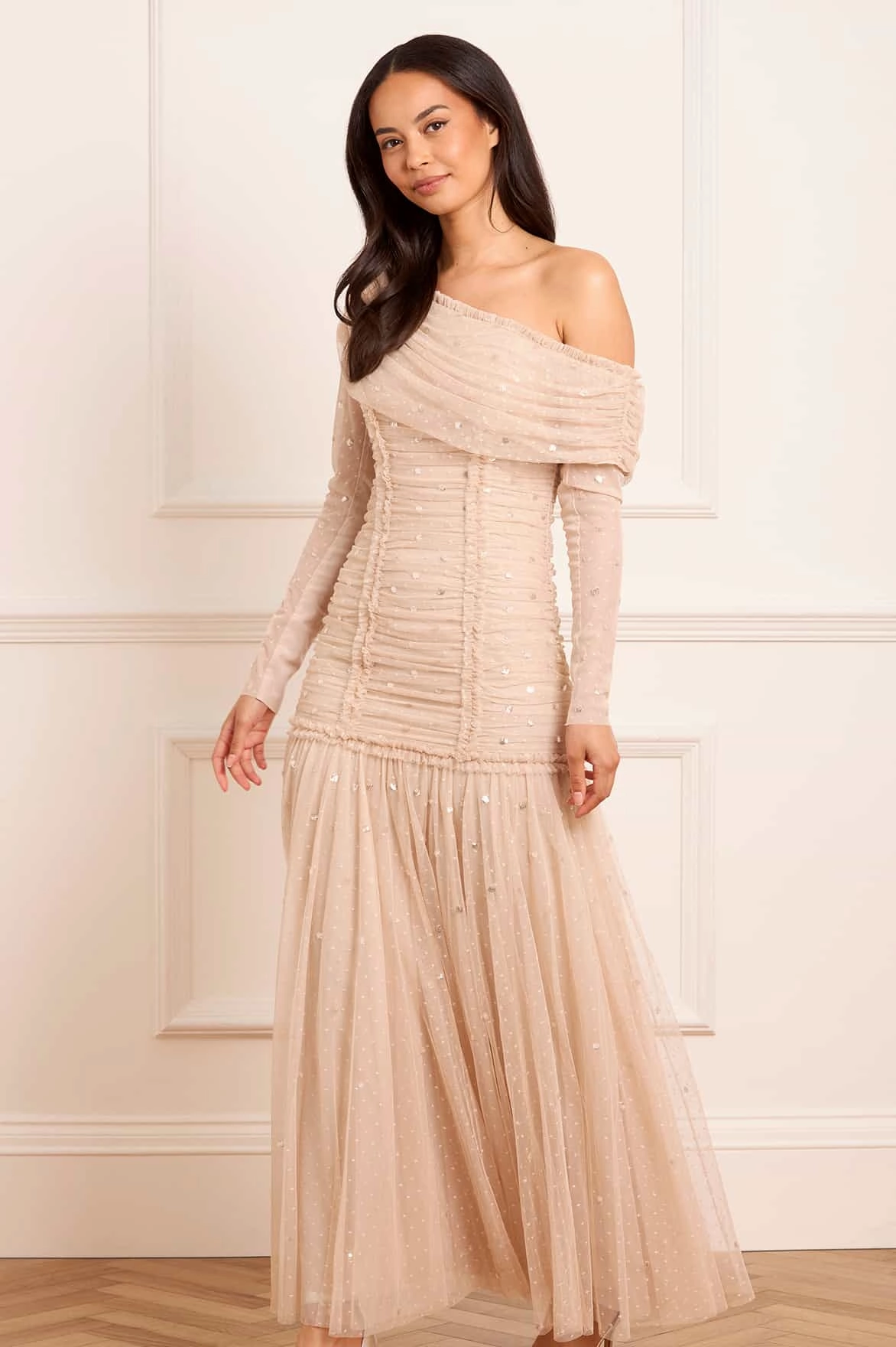 Gigi Dot One-Shoulder Rouched Gown Jewel-Tone Trendy Style