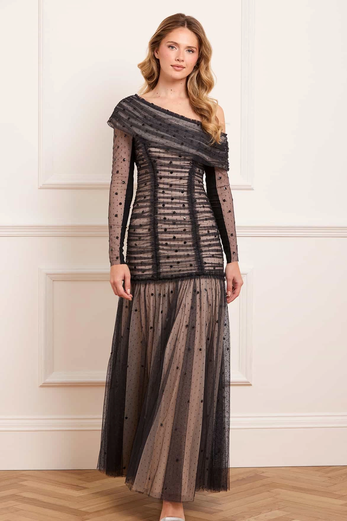 Church Scene Gigi Dot One-Shoulder Rouched Gown