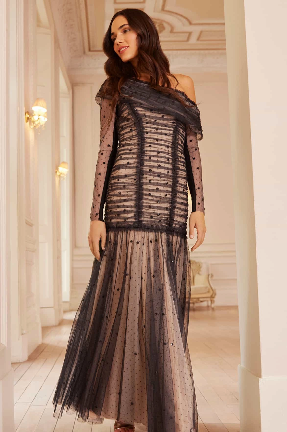 Gigi Dot One-Shoulder Rouched Gown Belt Waist