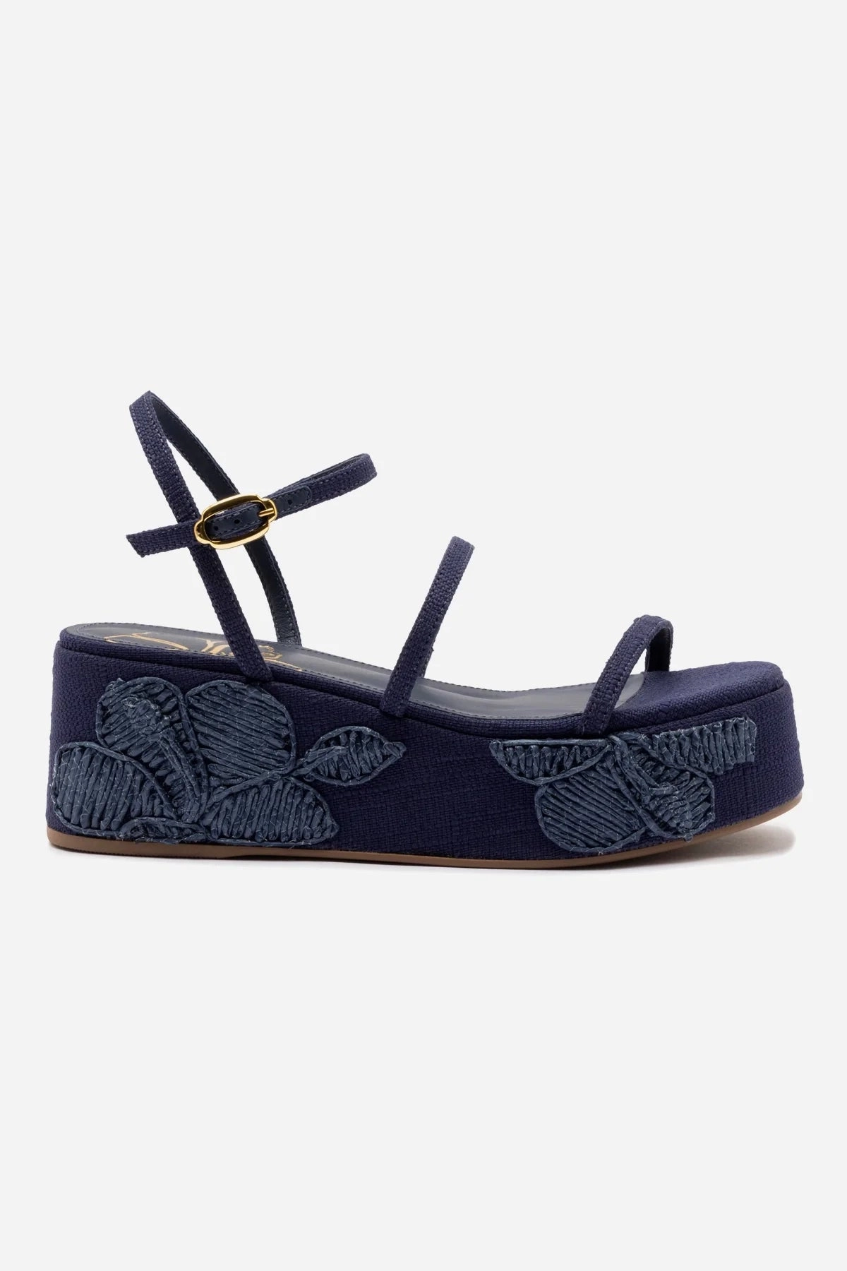 Fire Red Gio Flatform In Navy Raffia and Hibiscus Embroidery