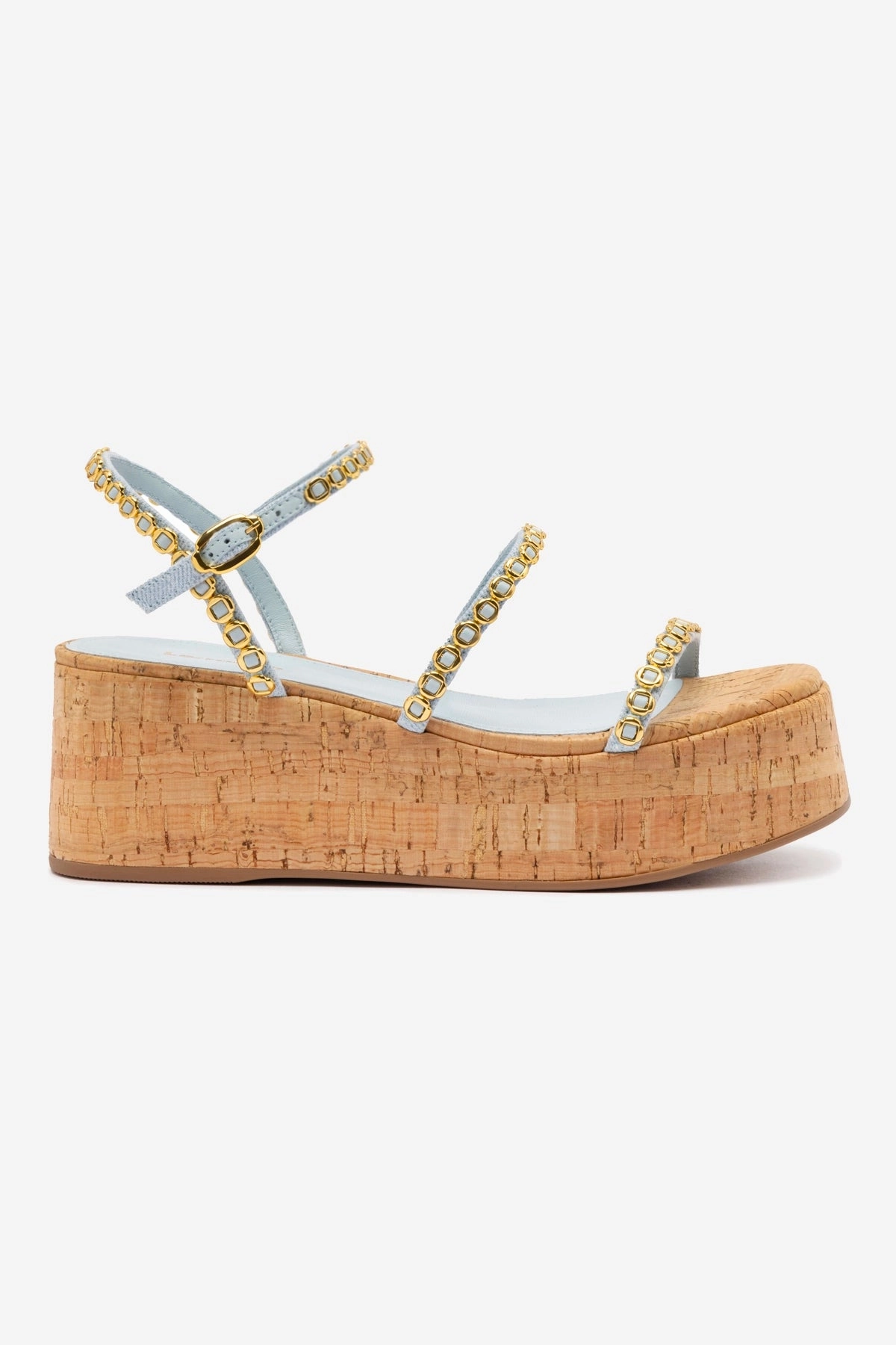 Gio Milanina Flatform In Maya Denim and Natural Cork All Terrain Health Focused Hot Day