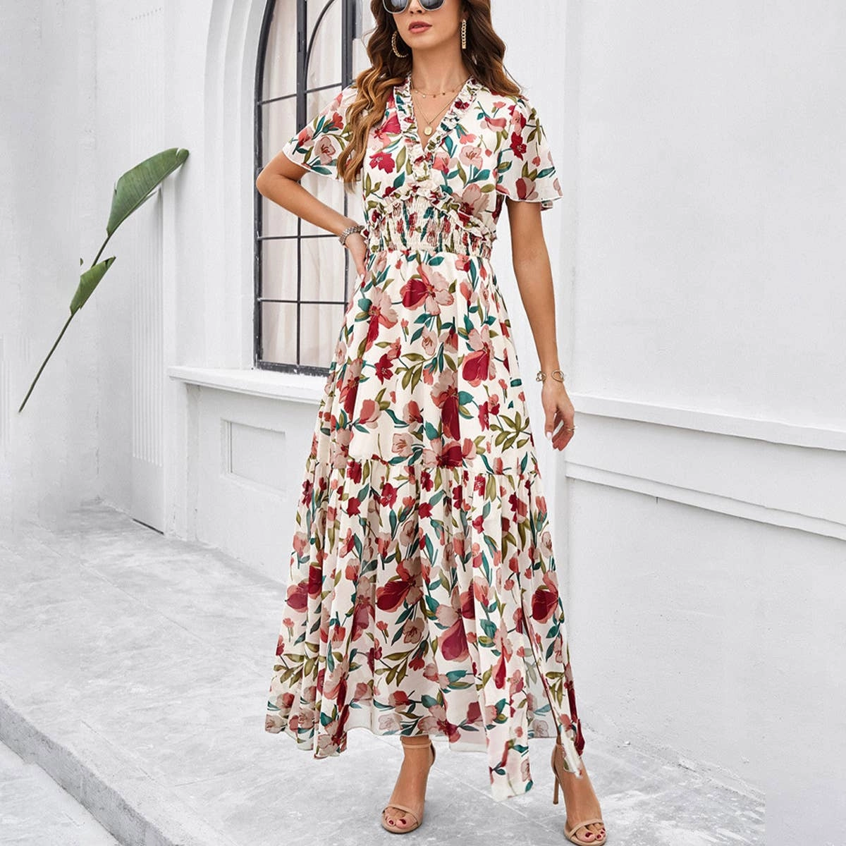 CASUAL PRINT DRESS WITH WAIST_CWDMD1953 Effortless Layer Wear Smart Tones