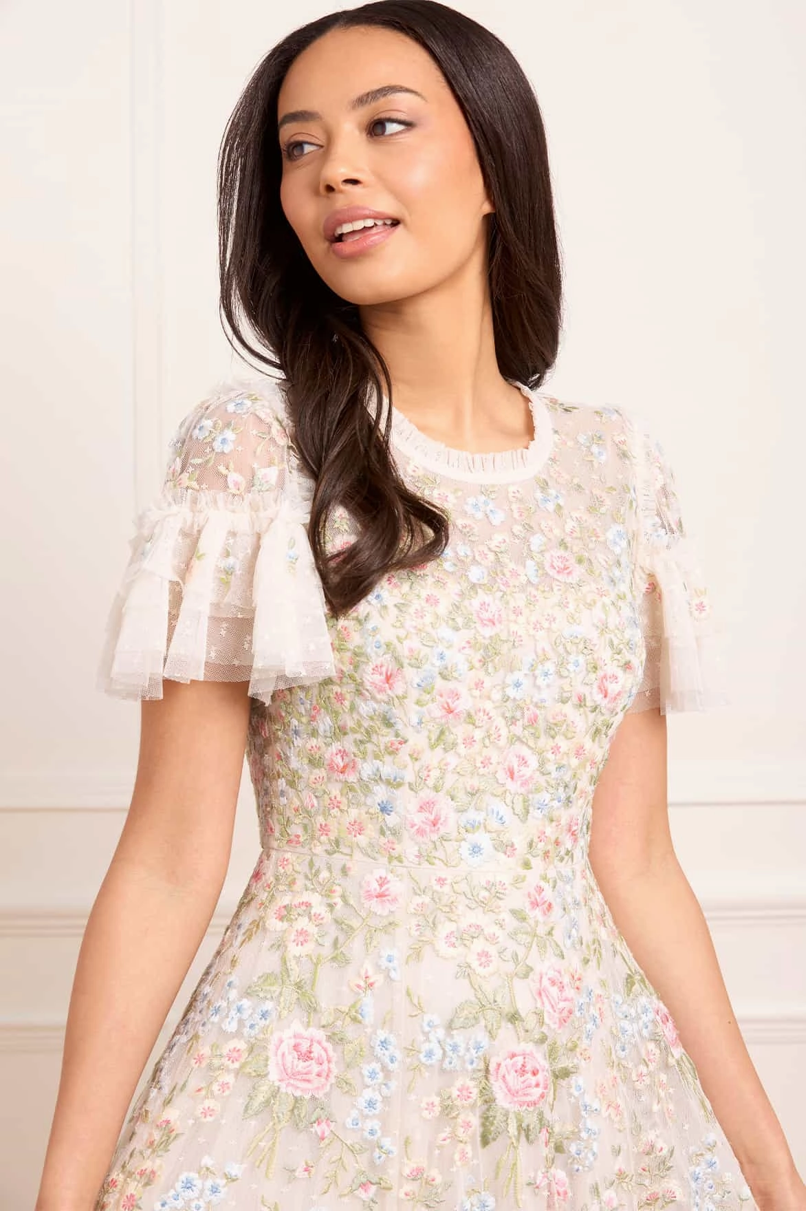 Antoinettes Floral Round Neck Ankle Gown Statement-Buttons