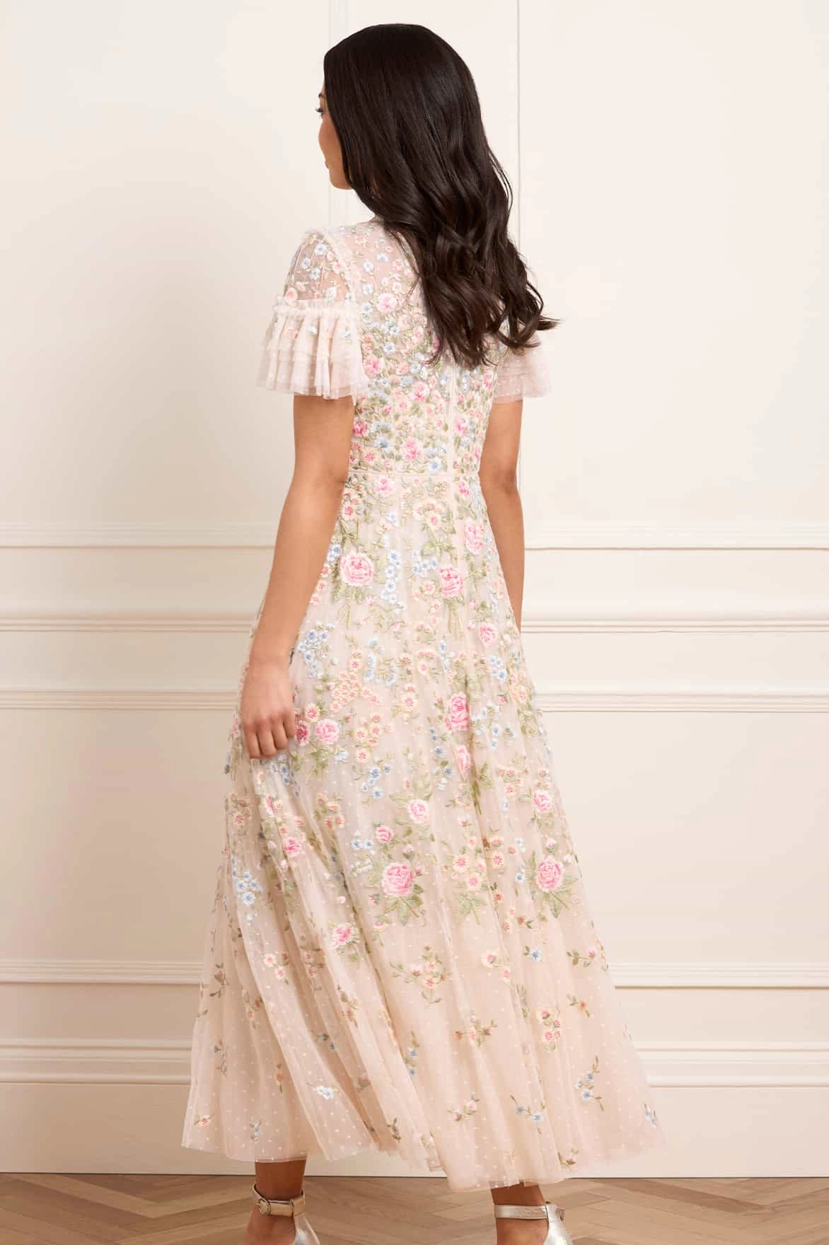 Lightweight-Comfort Peach Tone Antoinettes Floral Round Neck Ankle Gown