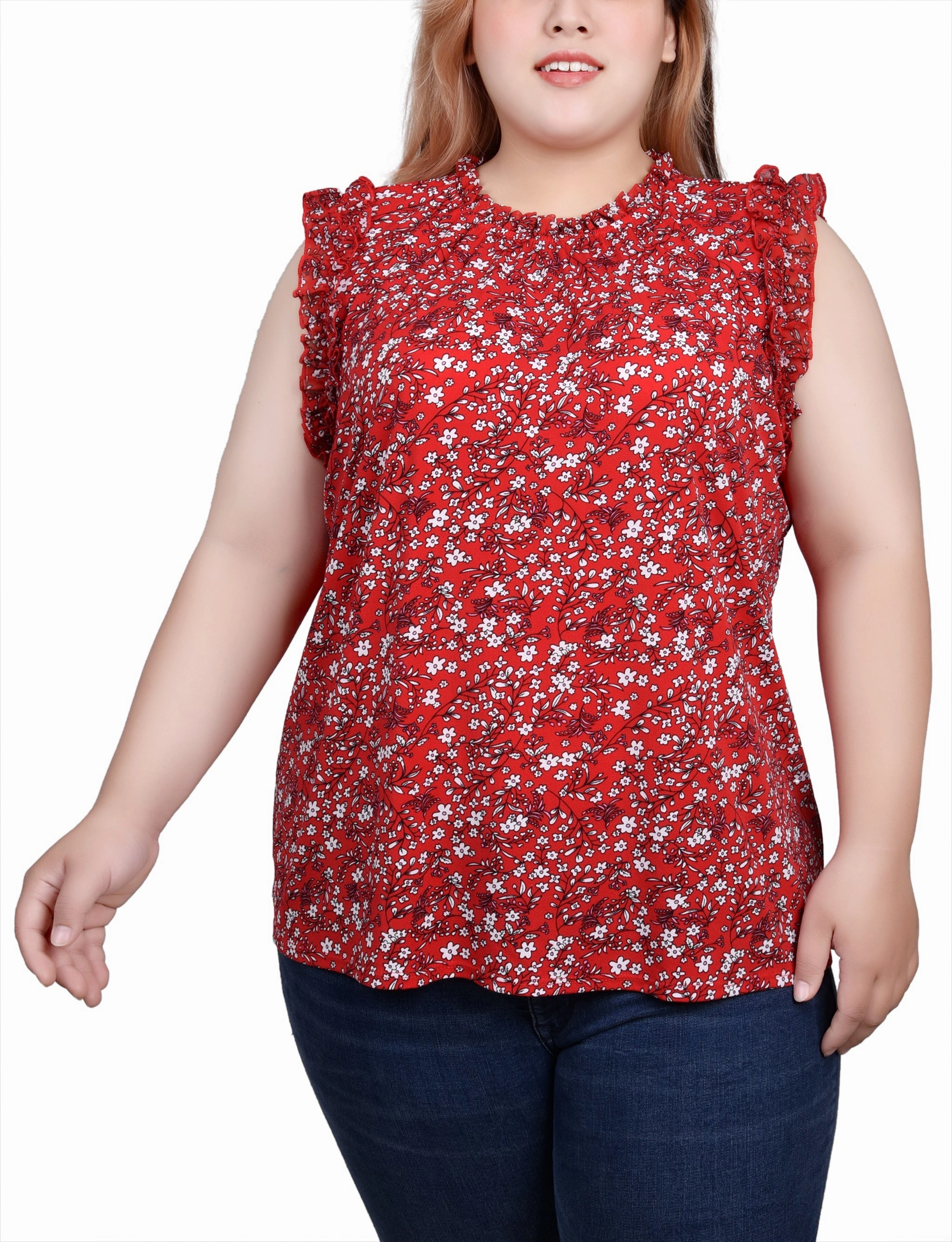 Durable Binding Plus Size Sleeveless Crepe Top With Chiffon Ruffles
