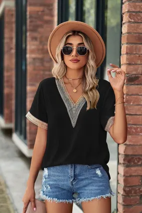 GOLD LACE POINT V NECK CHIFFON BLOUSE Simple Style