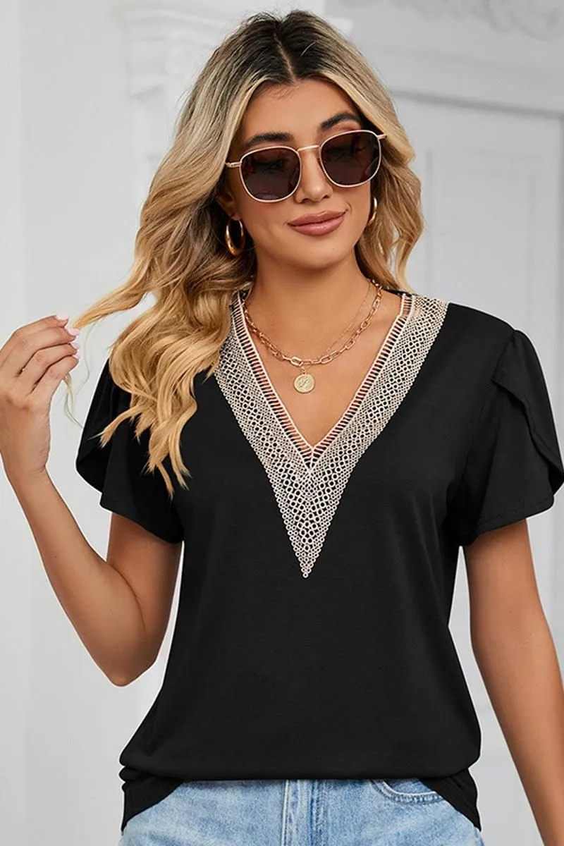 Ribbed Collar Style Structured Shoulder GOLD LACE V NECK RUFFLE SHORT SLEEVE TOP