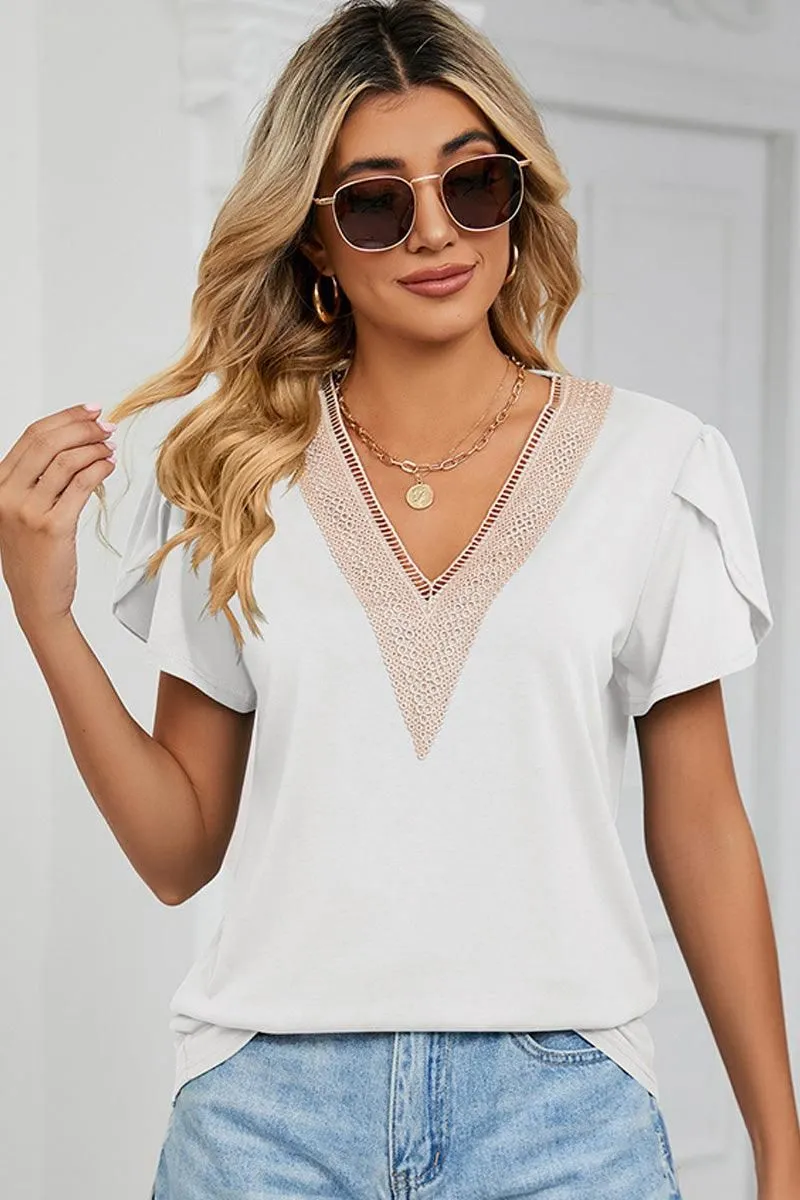 GOLD LACE V NECK RUFFLE SHORT SLEEVE TOP Summer Polo