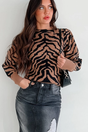 Gone To Far Animal Print Sweater (Camel/Black) DropShoulderConstruction Activewear Top