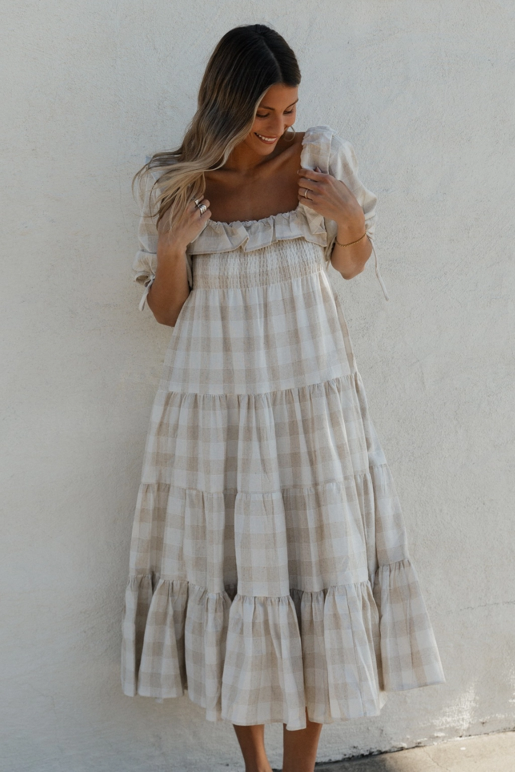 Clea Dress in Natural Plaid - Bump Friendly Cool Touch
