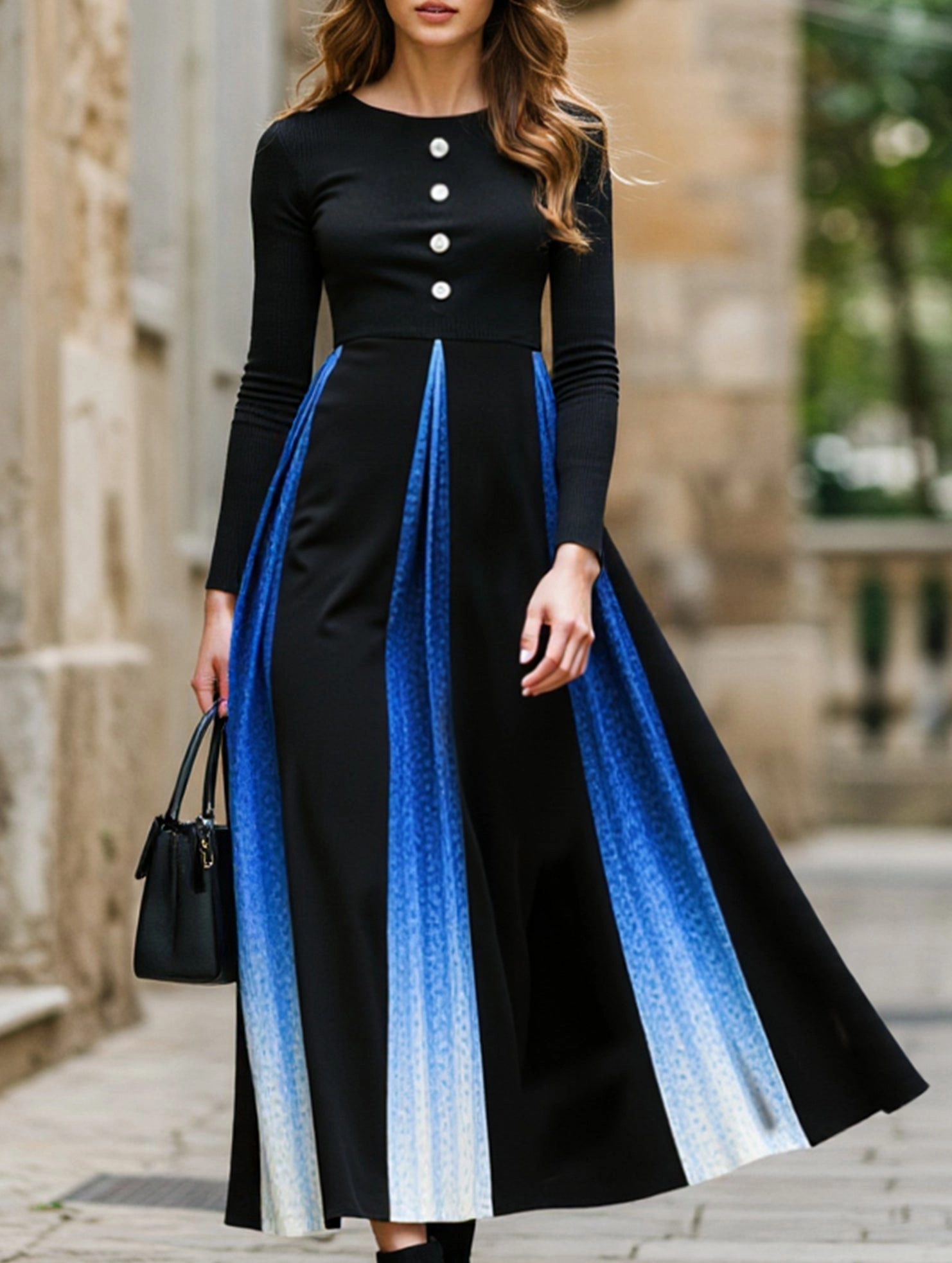 Gradient Button Round Neck Long Sleeve Dress Warm-Layer Grab Now