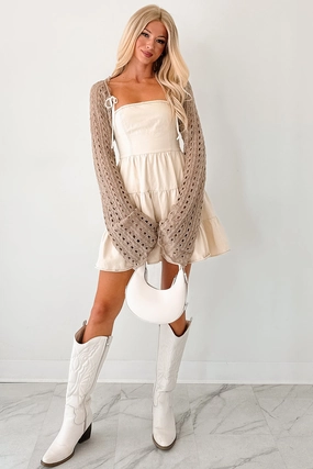 Quiet Chic Crochet Bolero Shrug (Tan) Recycled Polyester Fabric MultiPurposeUtility