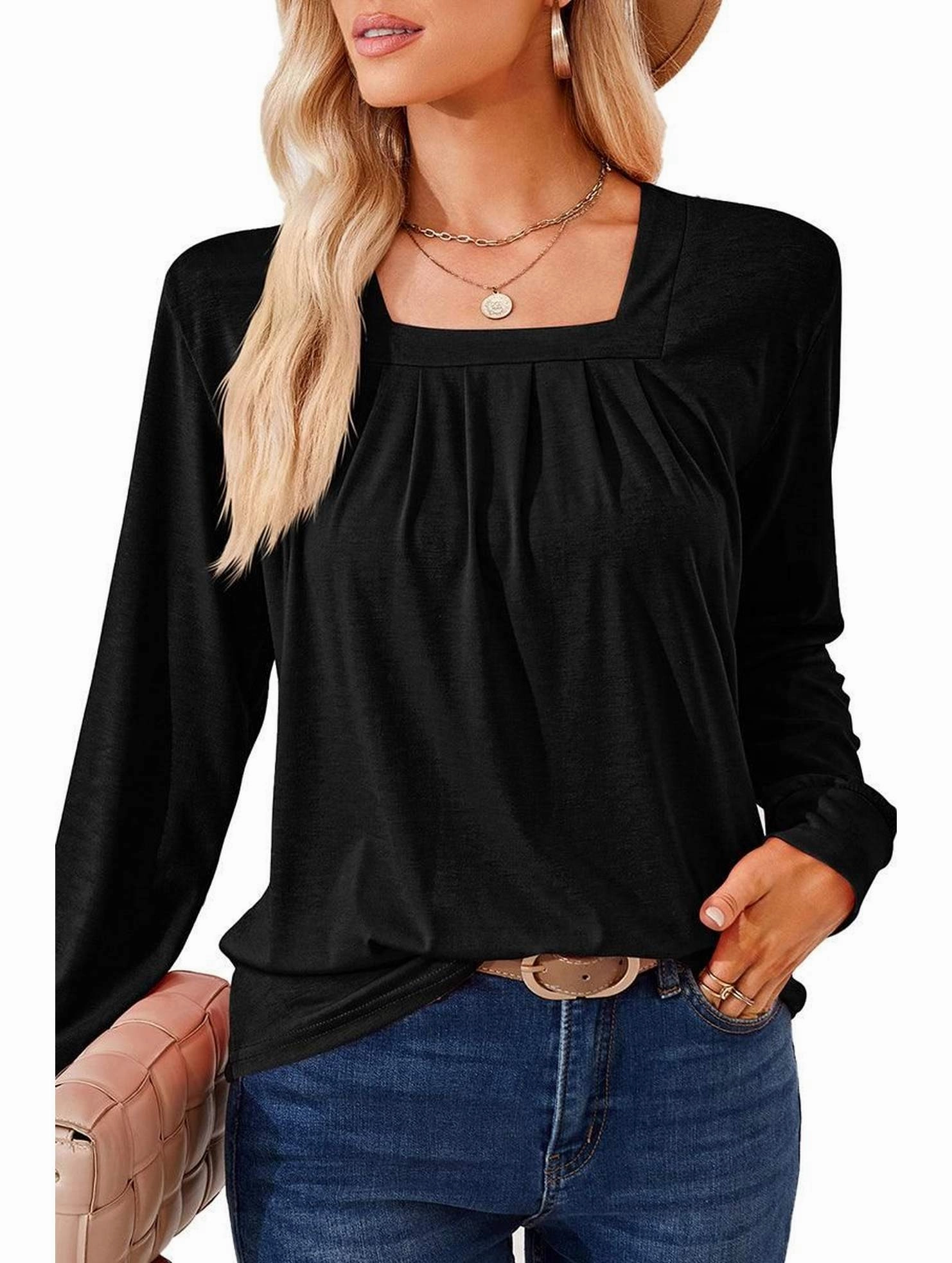 WOMEN SQUARE NECK FLUTTER LONG SLEEVE TOP Snag Resistant Fabric Active Tee