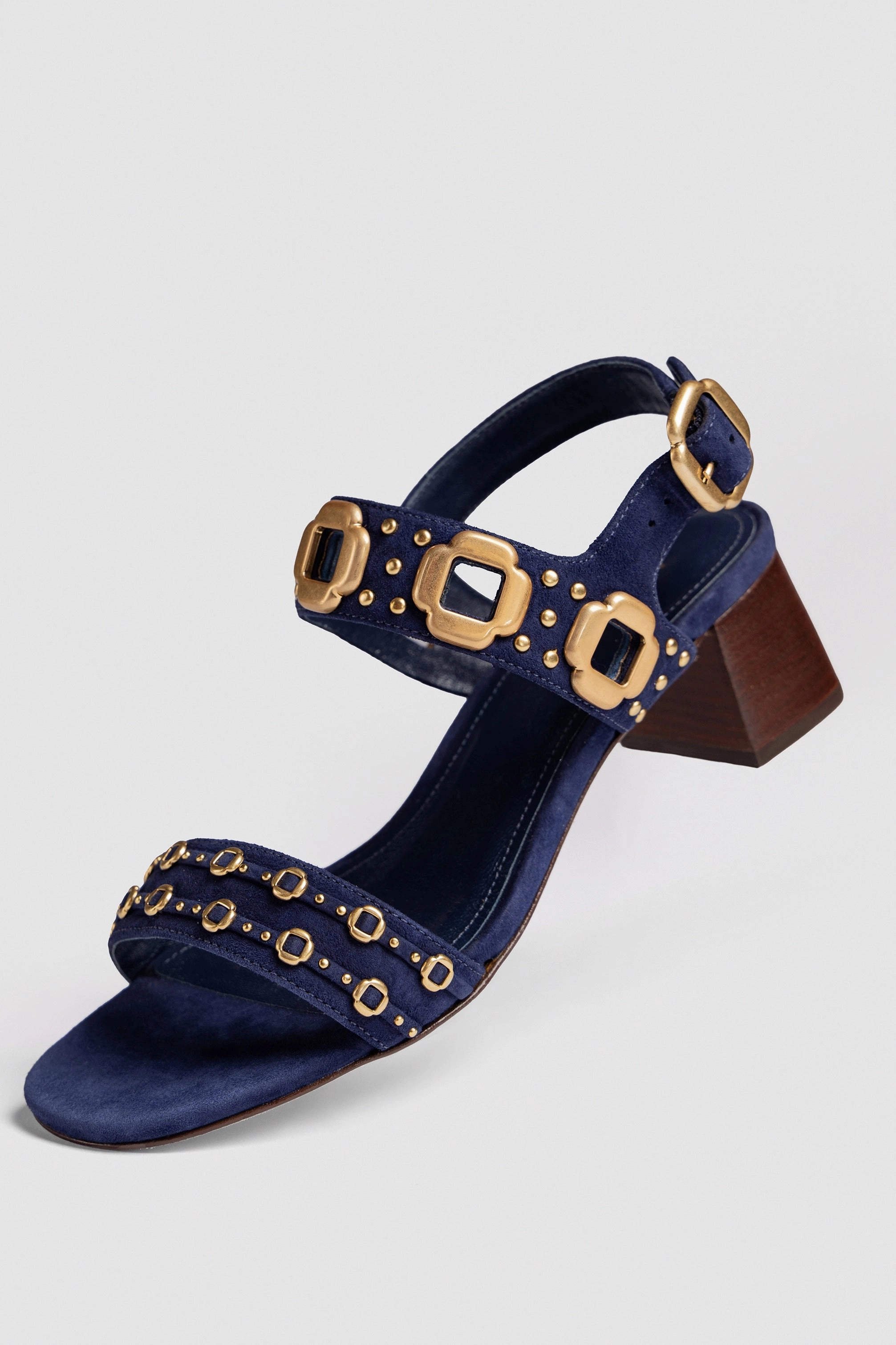 Travel Light Milan Studs Block Sandal In Navy Suede