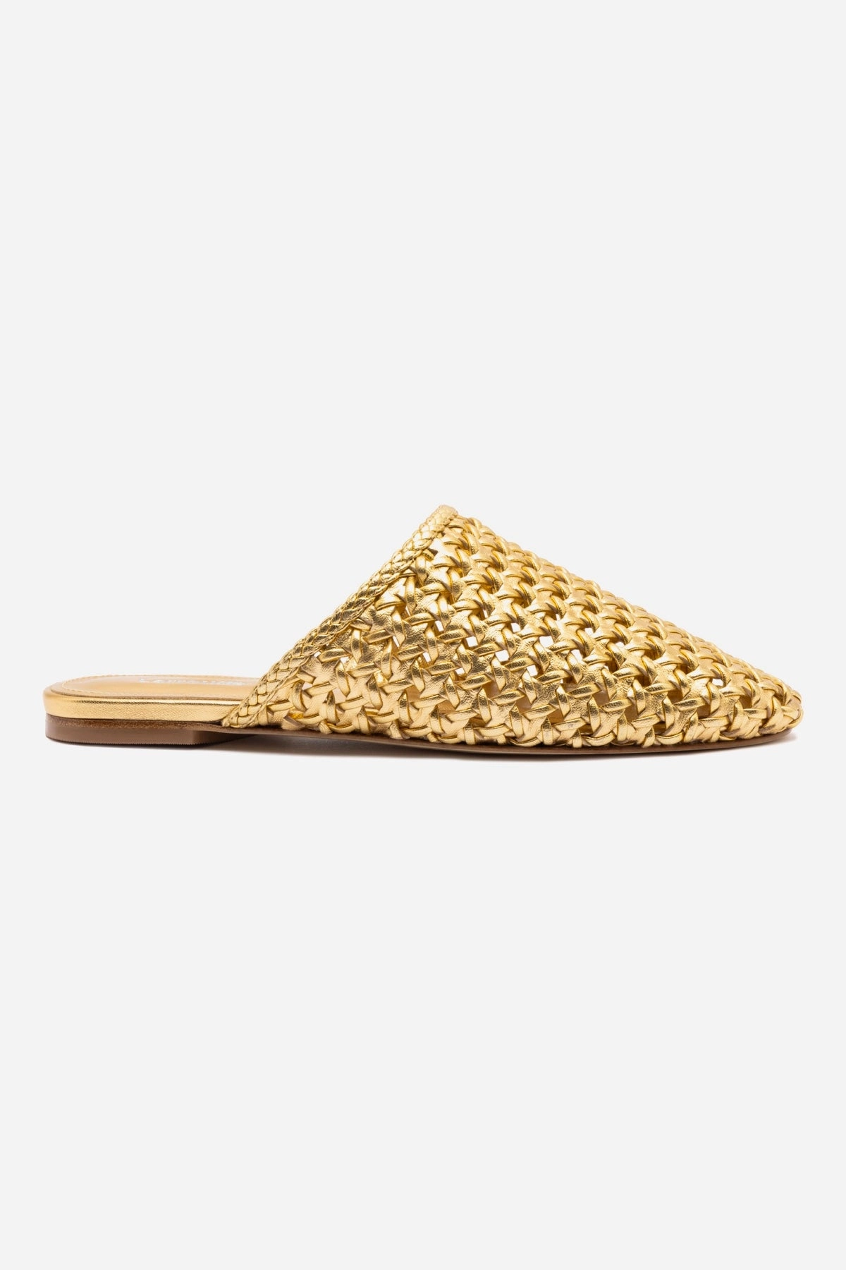 Arch Care Clear Glow Venice Macrame Flat Mule In Gold Metallic Leather