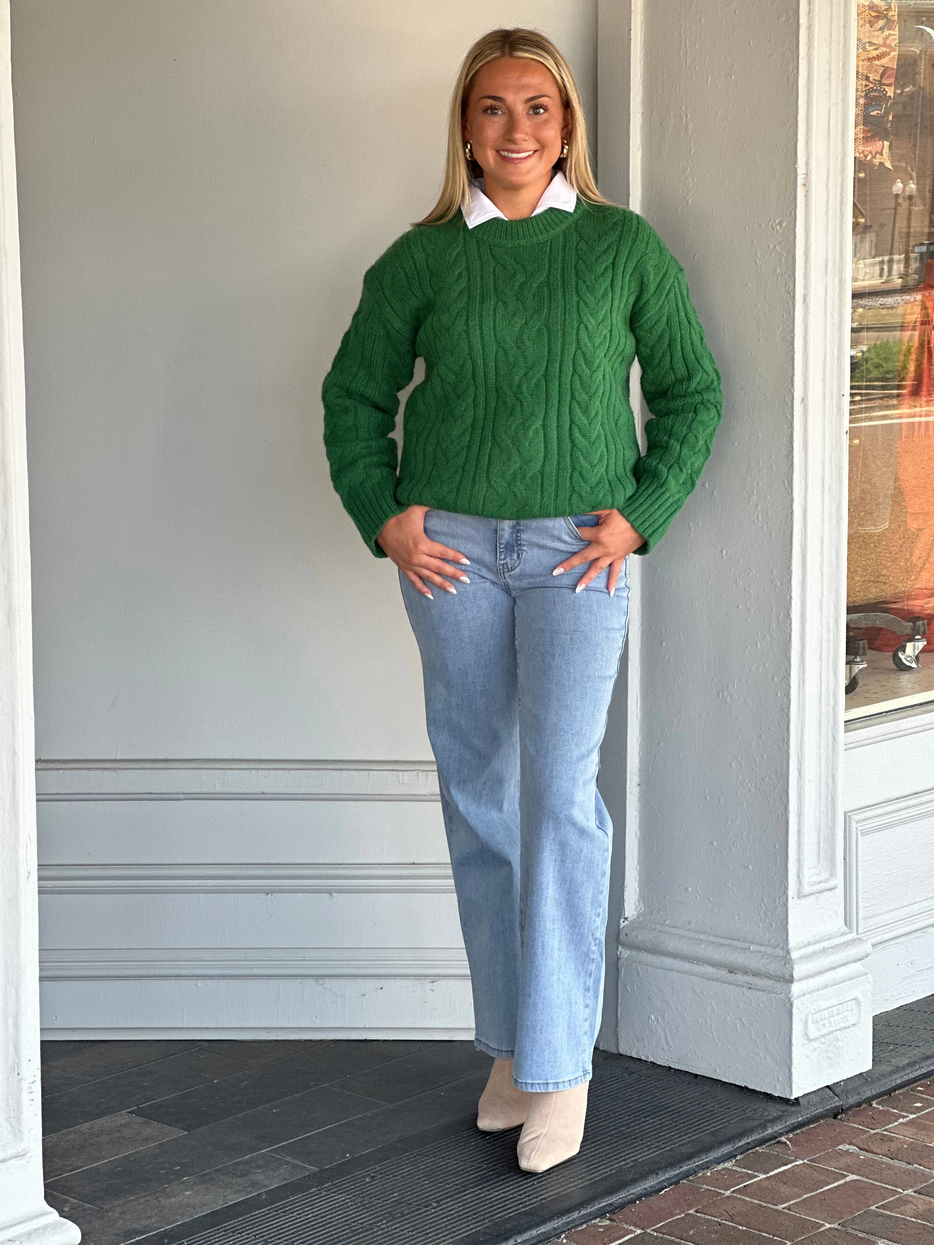 Green Cable Knit Sweater Quick Dry Technology