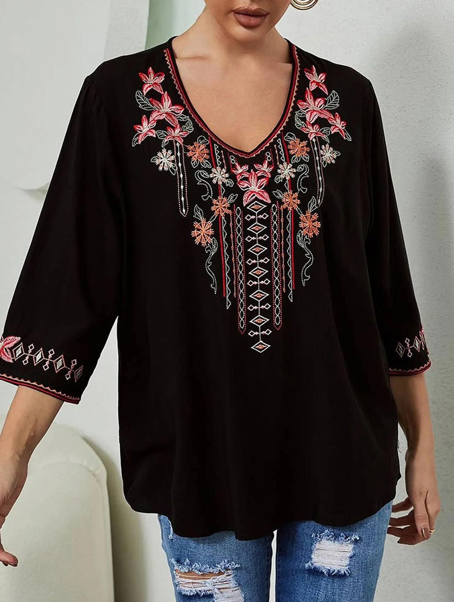 DoubleStitching Low Profile Stitching COTTON EMBROIDERED FLORAL BLOUSE_CWTBLL0837