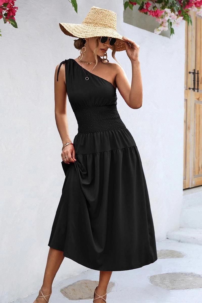 Stylish Comfort Bright Appeal HALF OFF SHOULDER SLIM WAIST MIDI DRESS