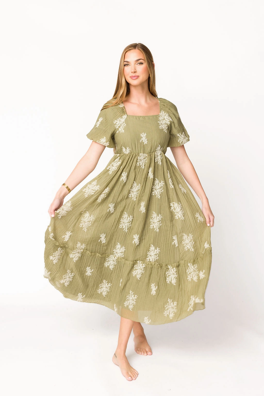 Hallie Embroidered Maxi Dress in Olive - Bump Friendly & Inclusive Sizing (S-3XL) *Final-Sale* Natural Drape Soft Mesh